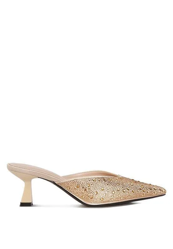 Aldora Rhinestones Embellished Satin Mules