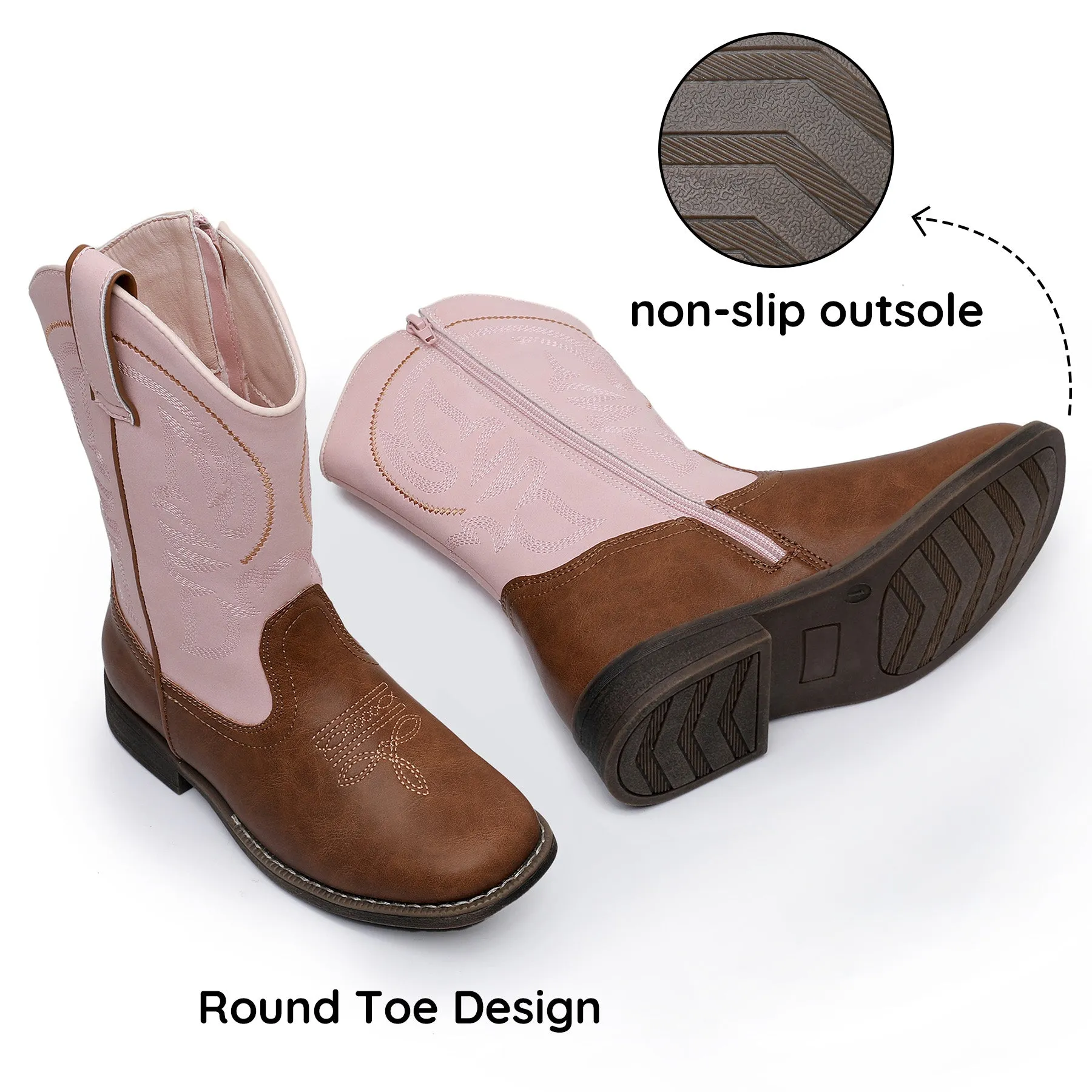 Apakowa Kids Boys Girls Square Toe Cowboy Boots-RF827-PinkBrown