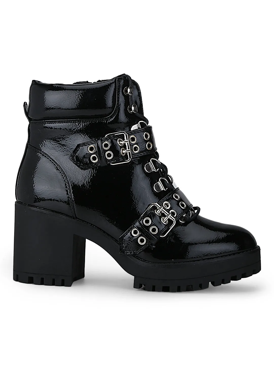 Black Crinkle Pat Rivet Double Buckle Biker Ankle Length Boots