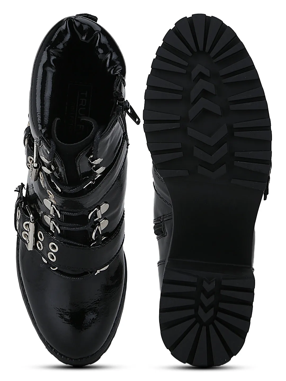 Black Crinkle Pat Rivet Double Buckle Biker Ankle Length Boots
