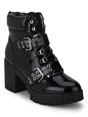 Black Crinkle Pat Rivet Double Buckle Biker Ankle Length Boots