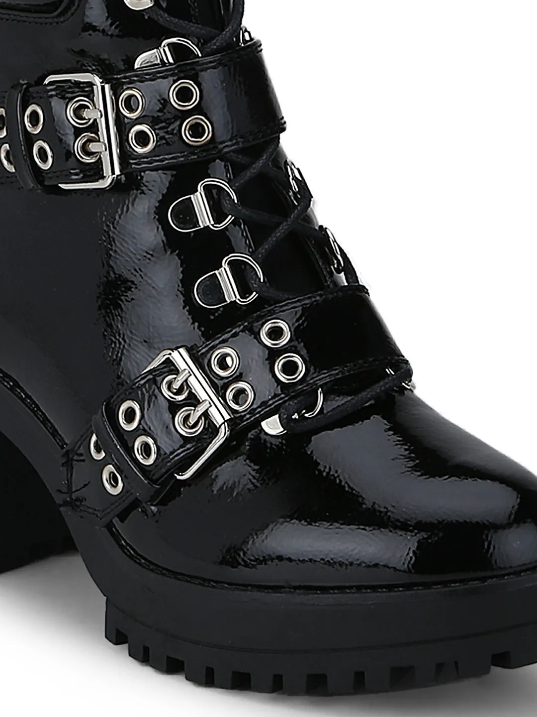 Black Crinkle Pat Rivet Double Buckle Biker Ankle Length Boots