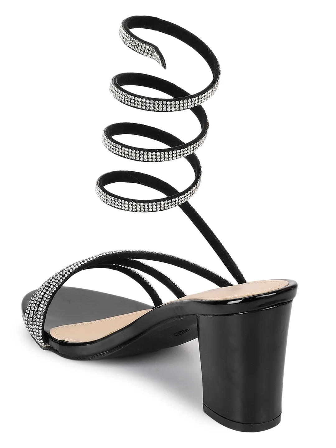Black Patent Stylish Spiral Diamond Strap Block Sandals (TC-RS4010-BLK)
