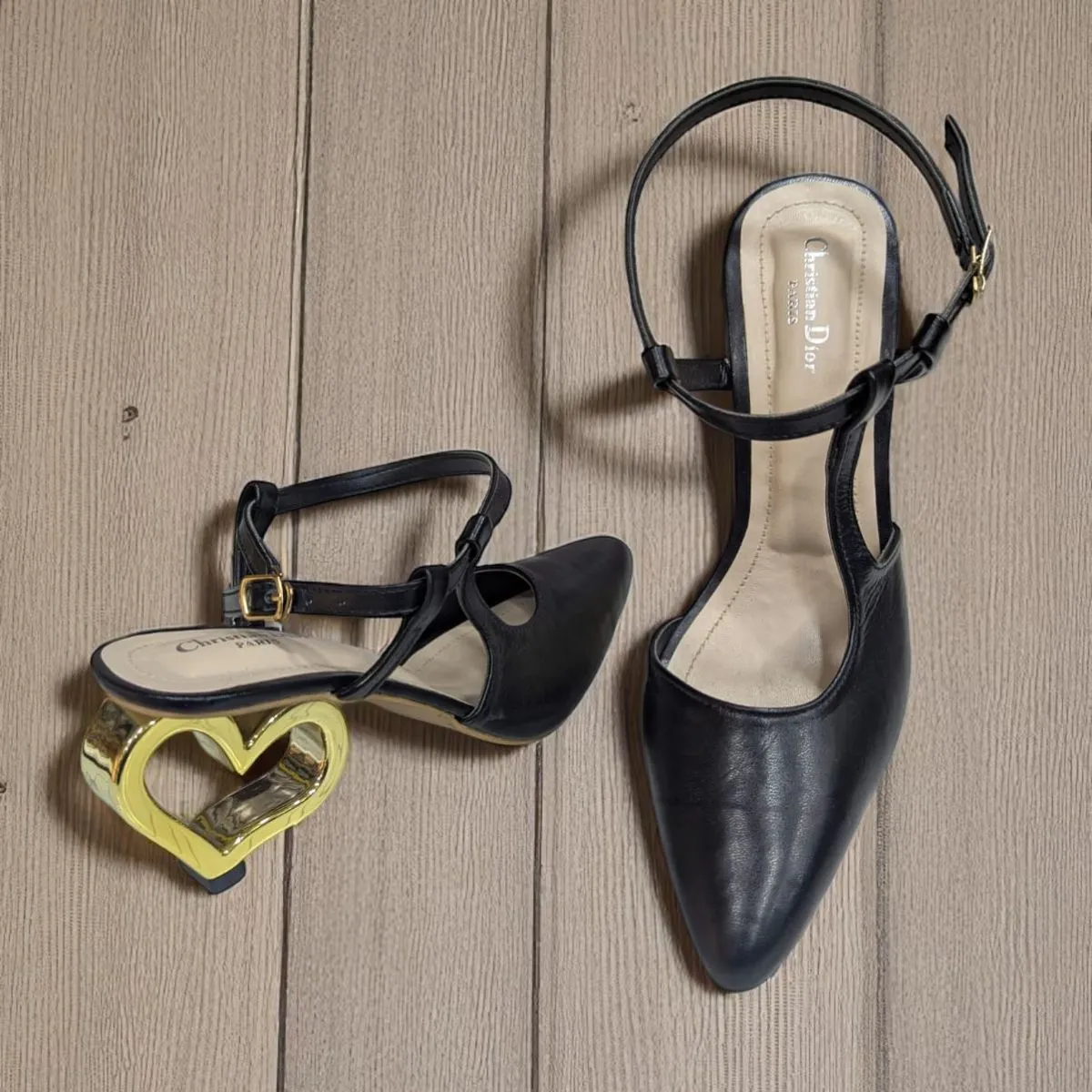 Black Stiletto Golden Love Heels Ankle Strap Pumps Sandal