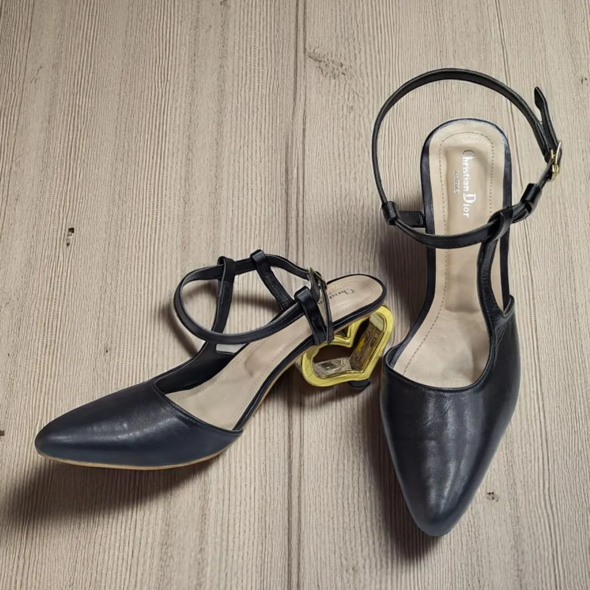Black Stiletto Golden Love Heels Ankle Strap Pumps Sandal