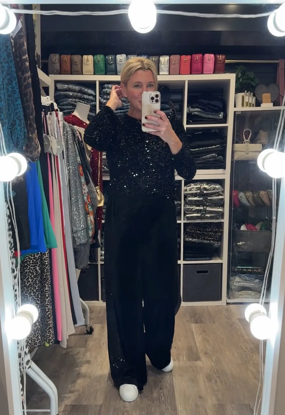 Black Velvet Sequin Stripe Wide Leg Trousers