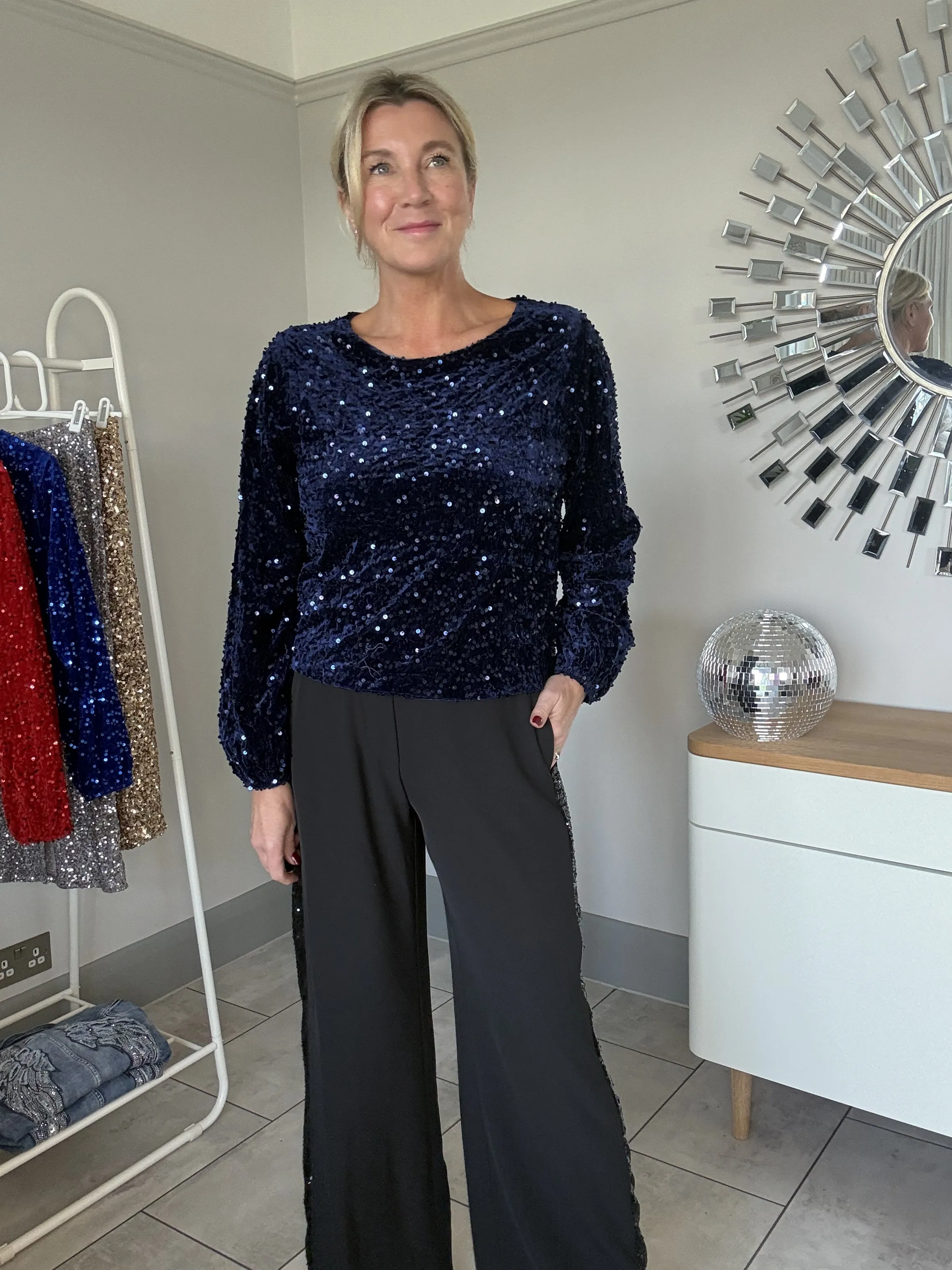 Black Velvet Sequin Stripe Wide Leg Trousers