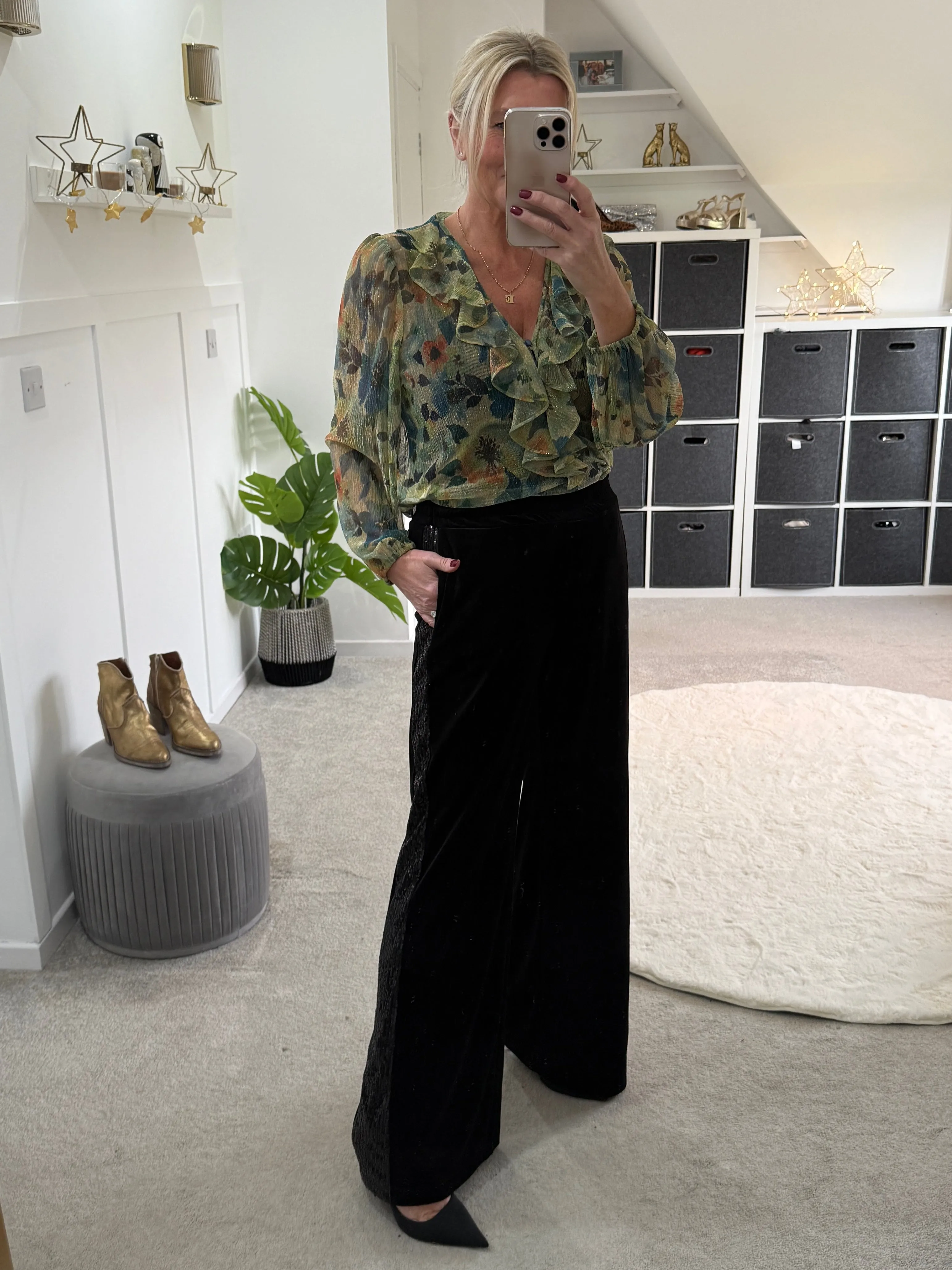 Black Velvet Sequin Stripe Wide Leg Trousers