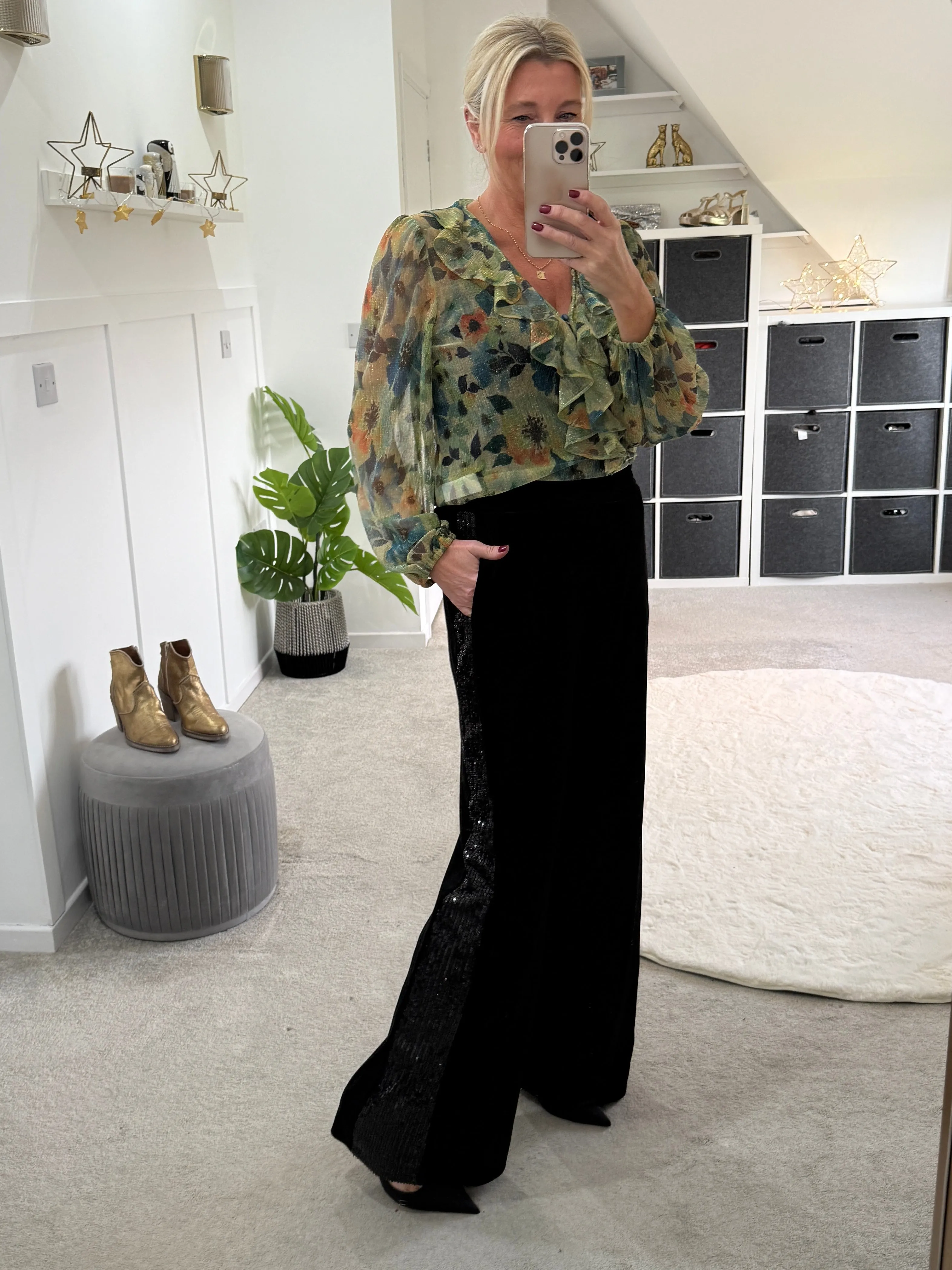 Black Velvet Sequin Stripe Wide Leg Trousers