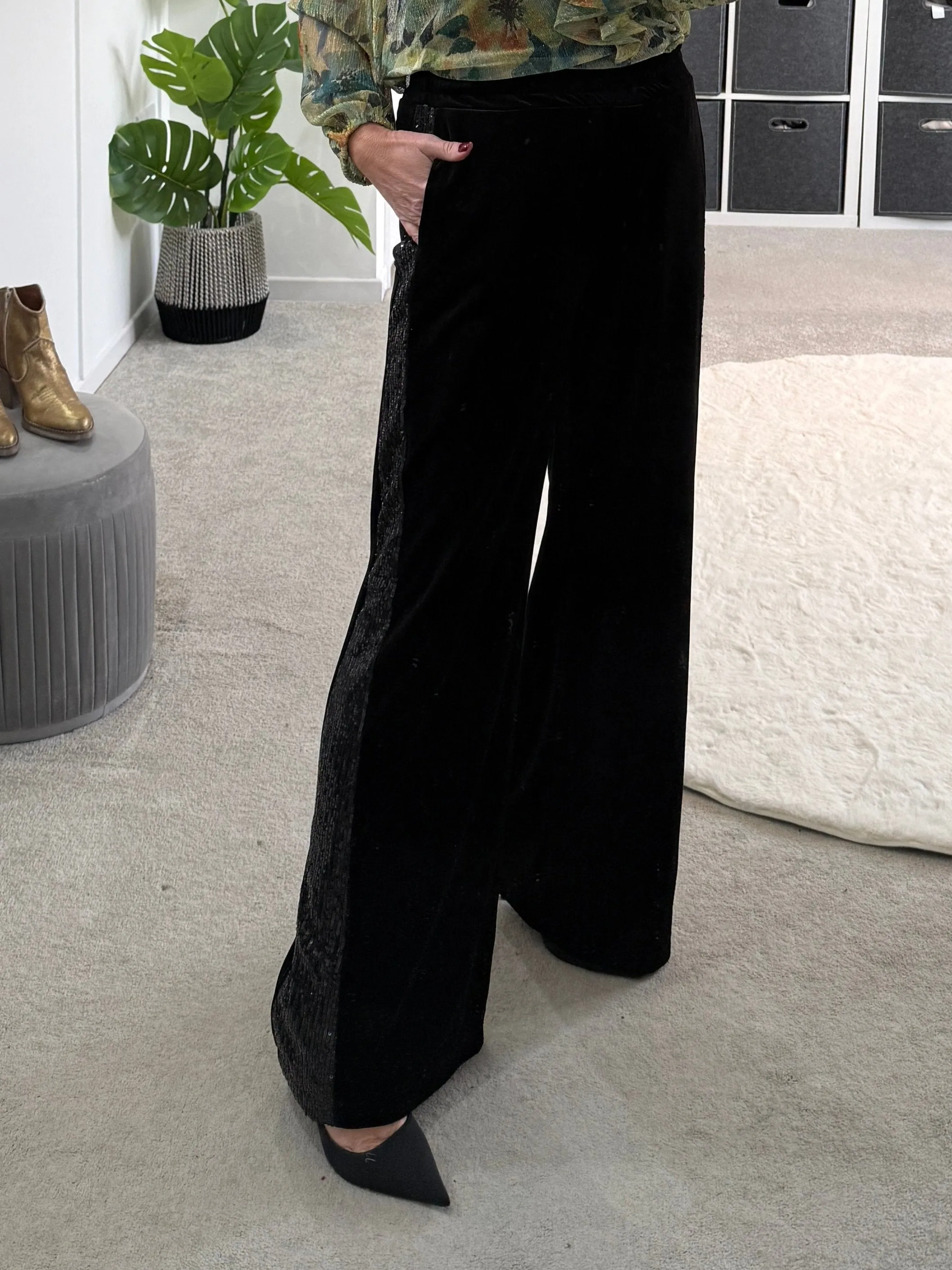 Black Velvet Sequin Stripe Wide Leg Trousers