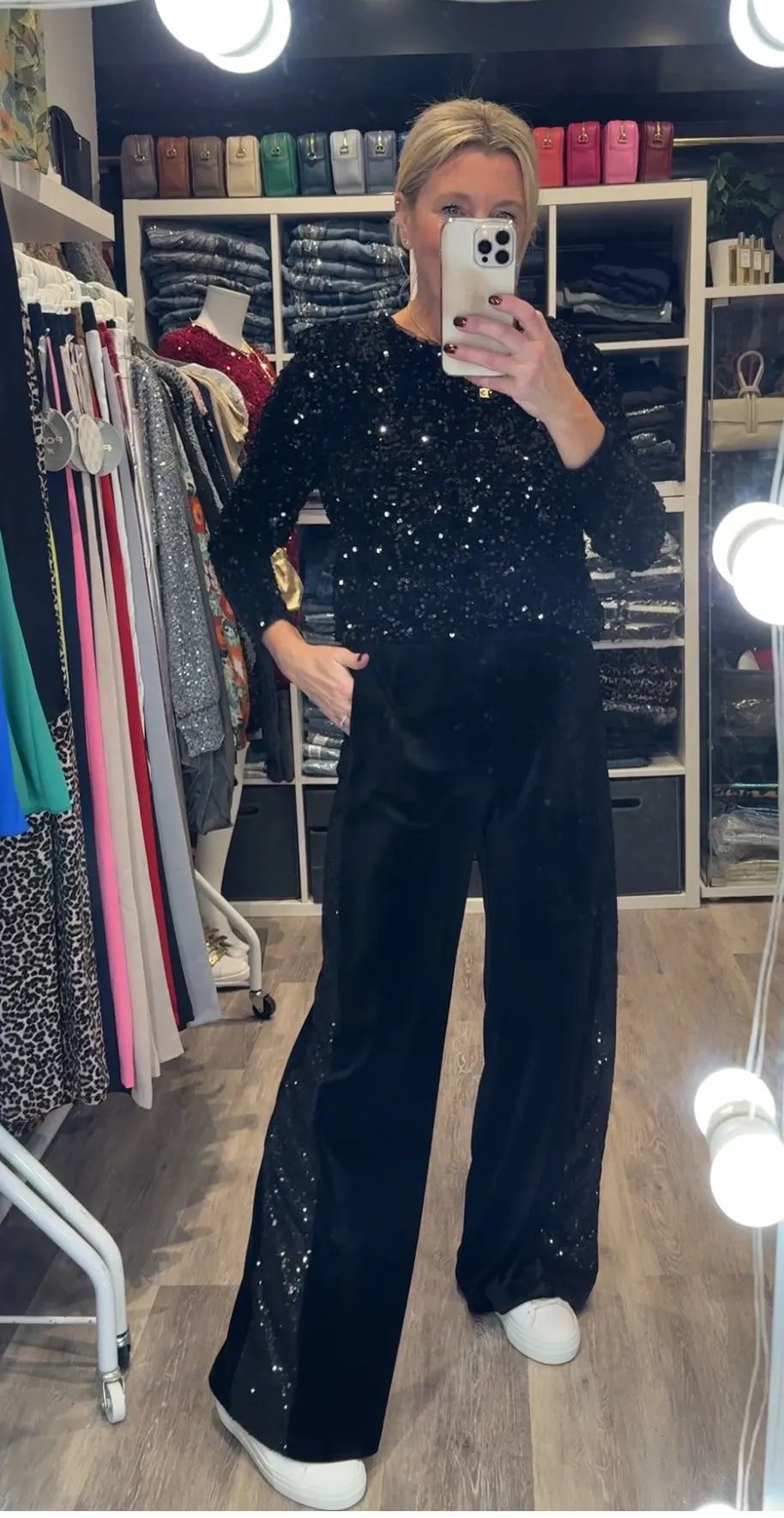 Black Velvet Sequin Stripe Wide Leg Trousers