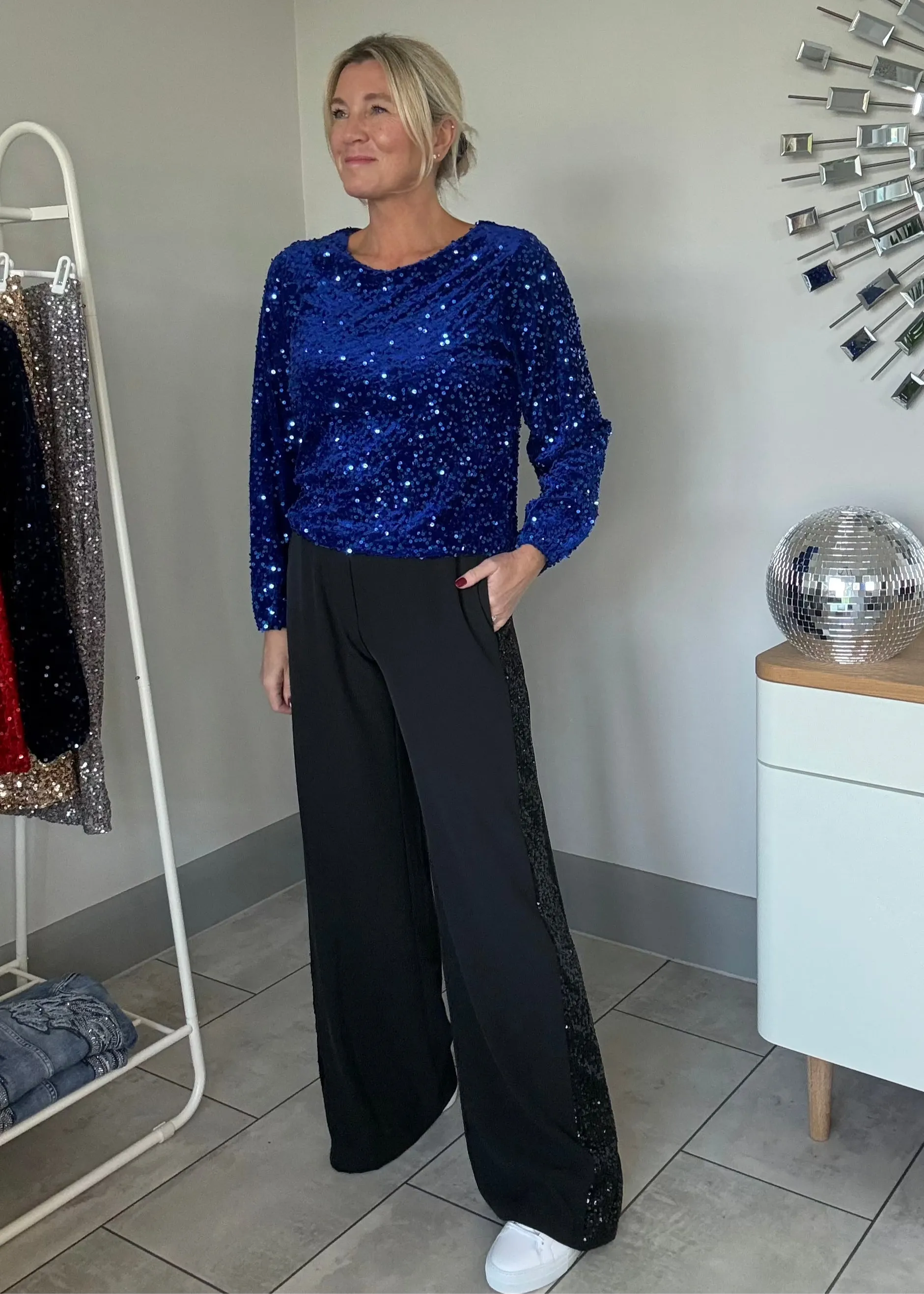 Black Velvet Sequin Stripe Wide Leg Trousers