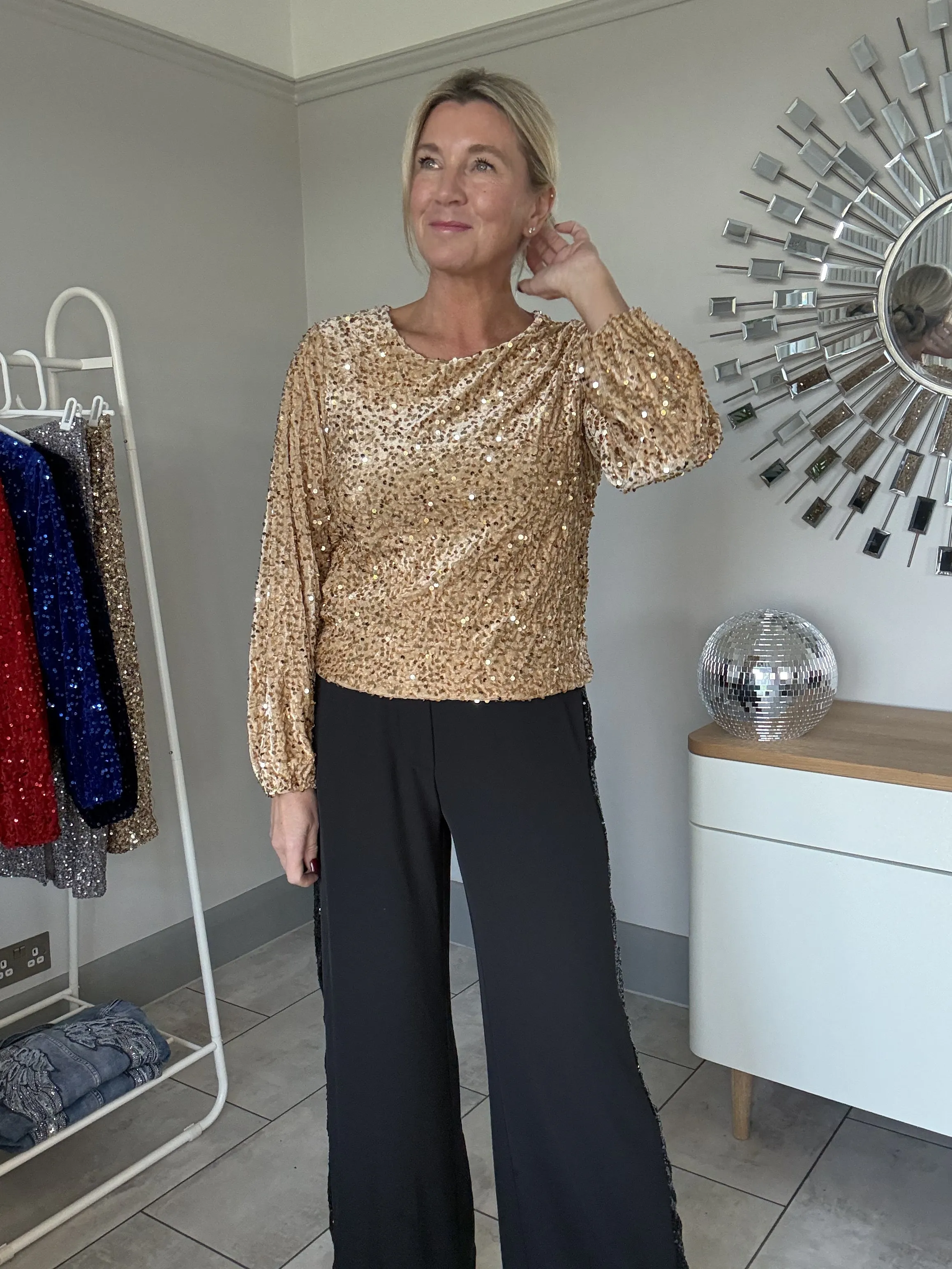 Black Velvet Sequin Stripe Wide Leg Trousers