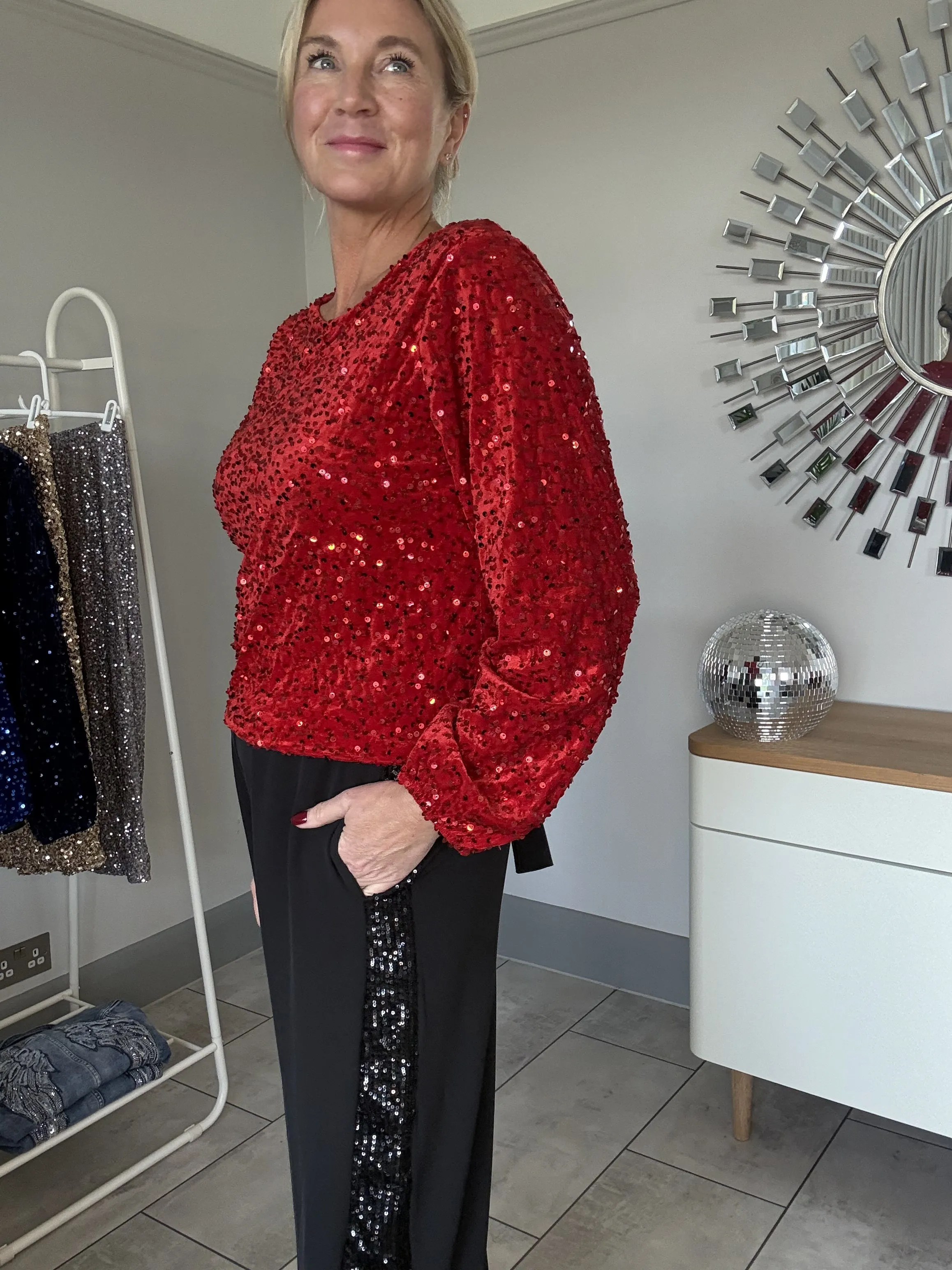 Black Velvet Sequin Stripe Wide Leg Trousers