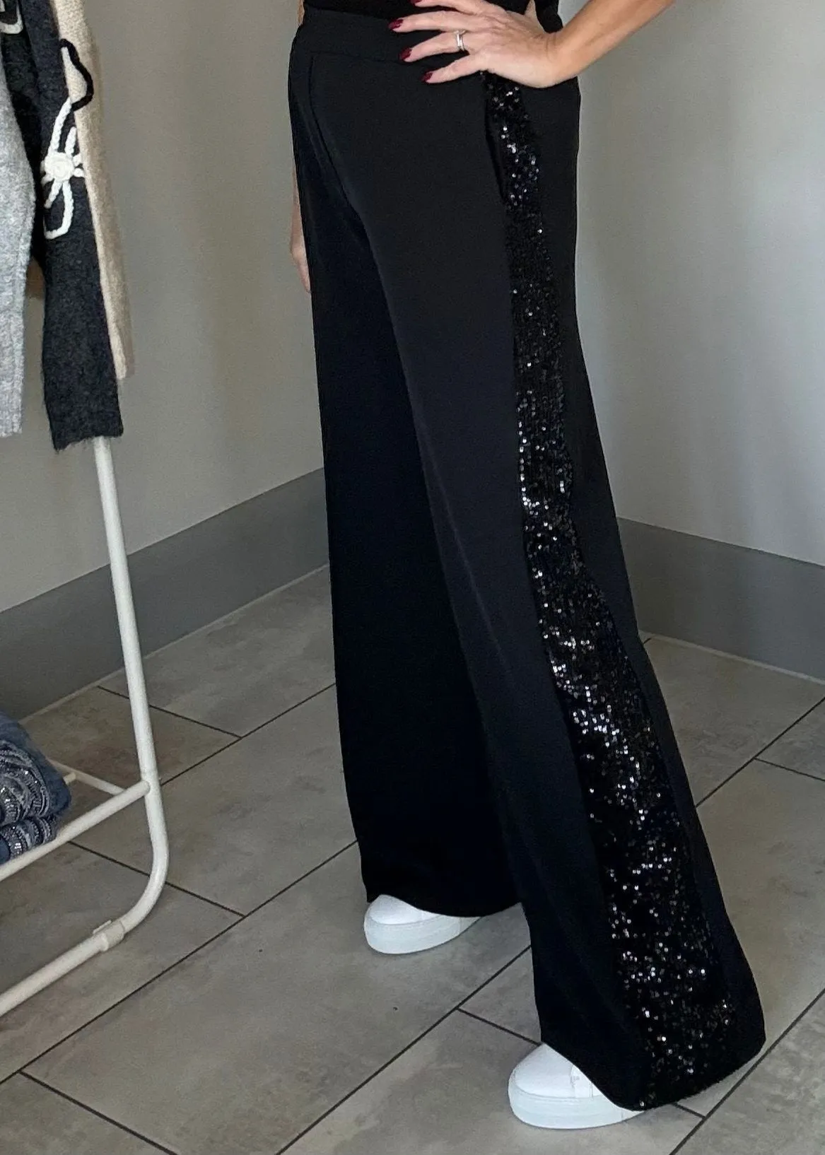 Black Velvet Sequin Stripe Wide Leg Trousers