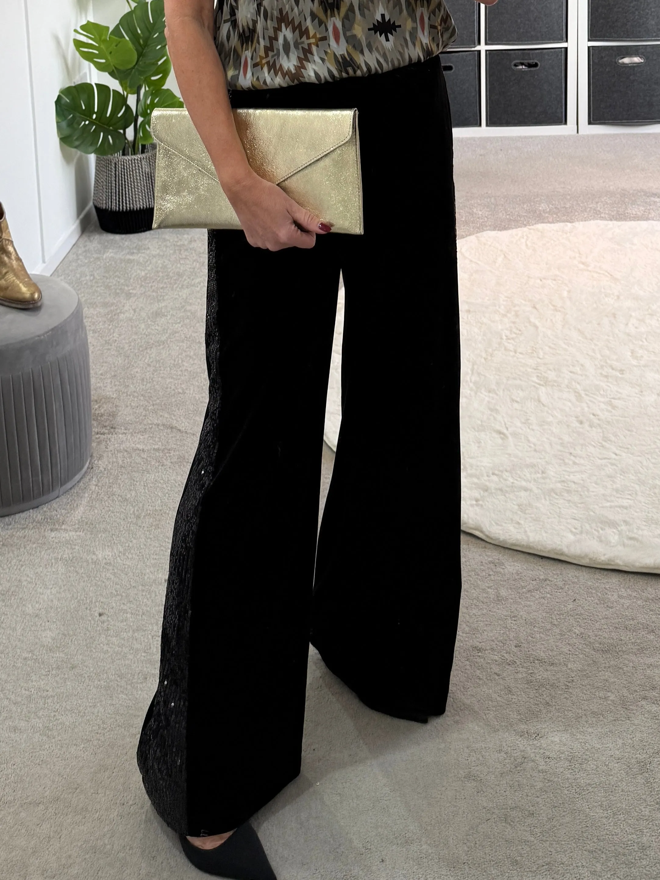 Black Velvet Sequin Stripe Wide Leg Trousers