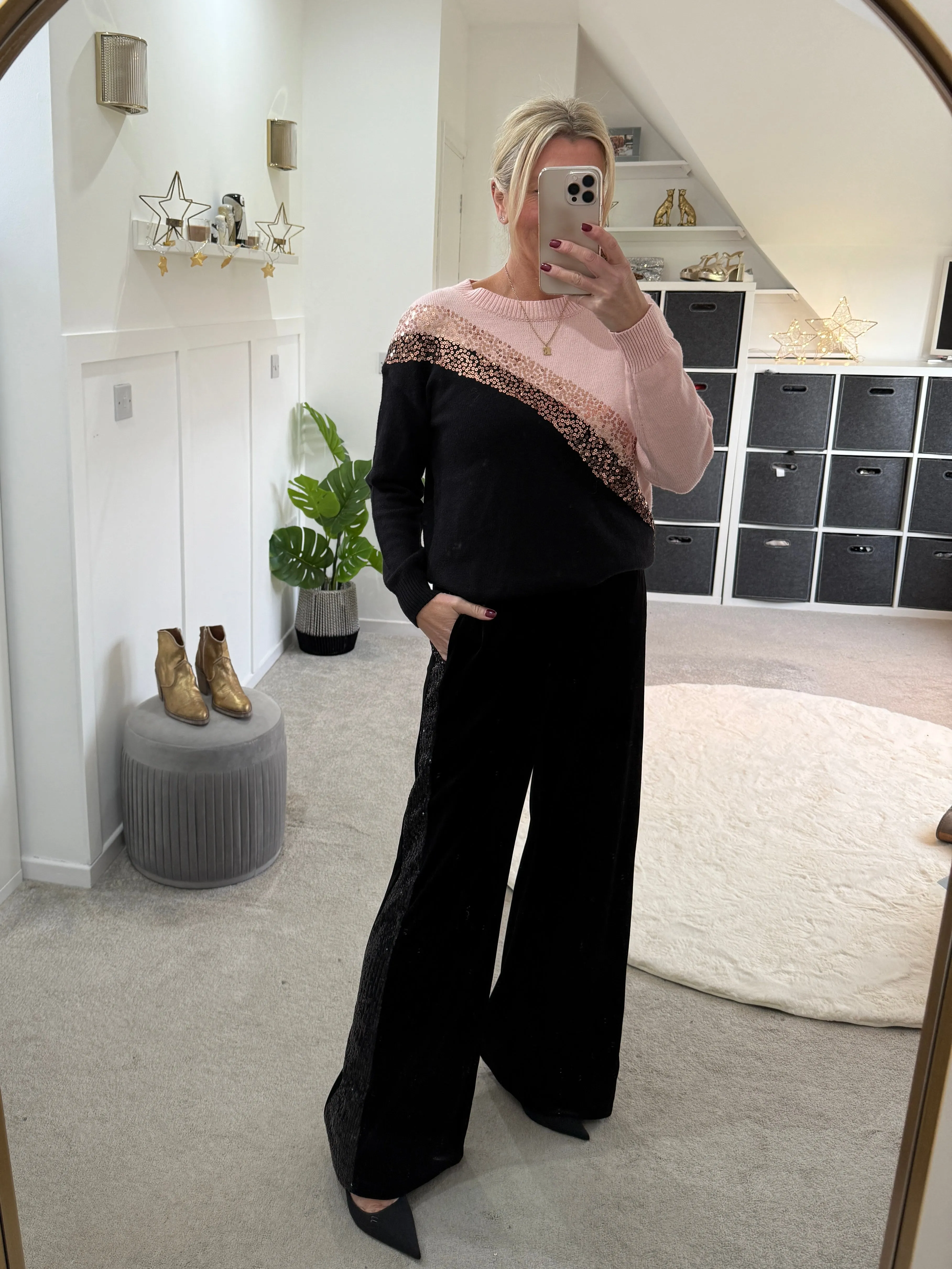 Black Velvet Sequin Stripe Wide Leg Trousers