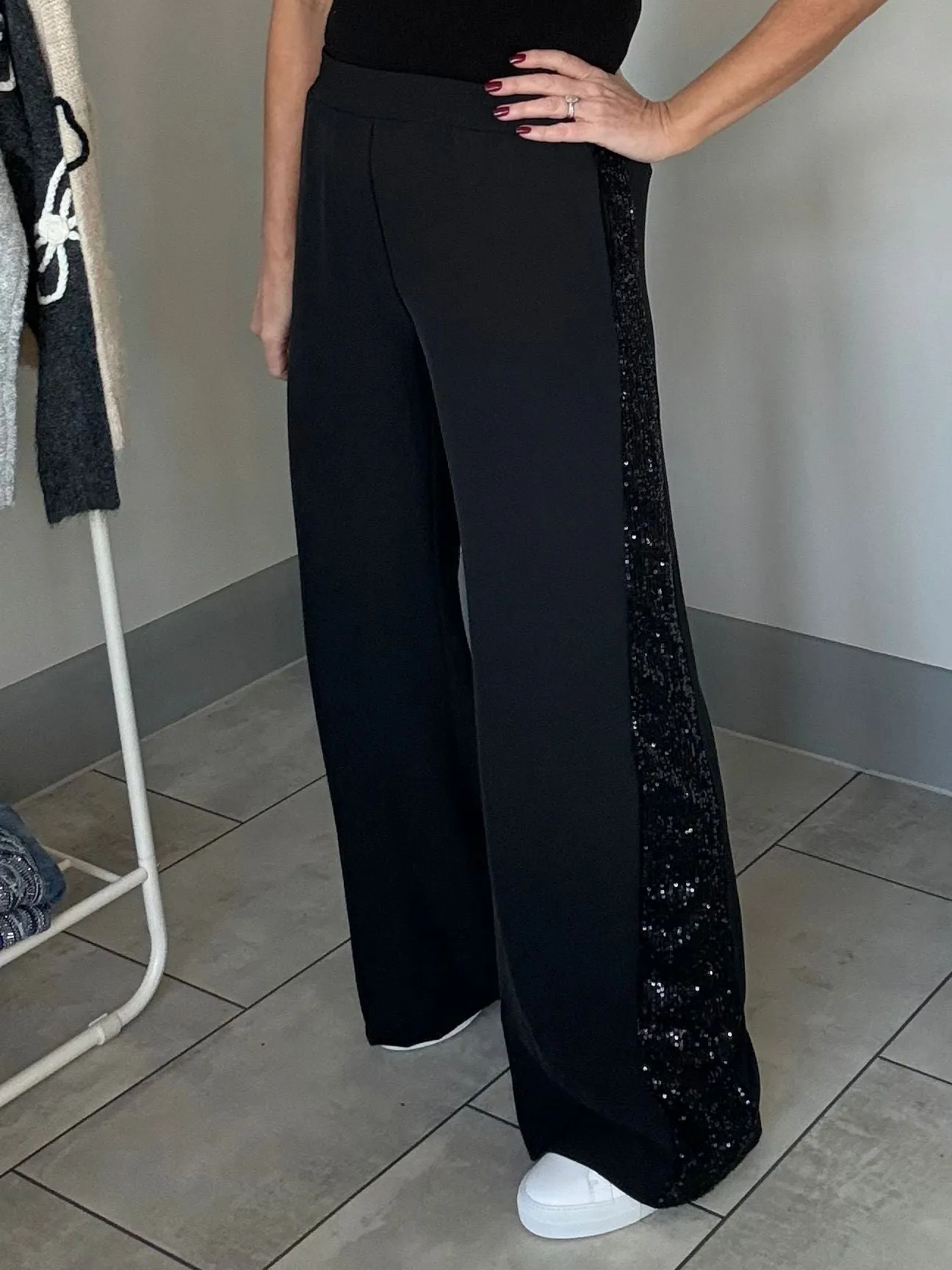 Black Velvet Sequin Stripe Wide Leg Trousers