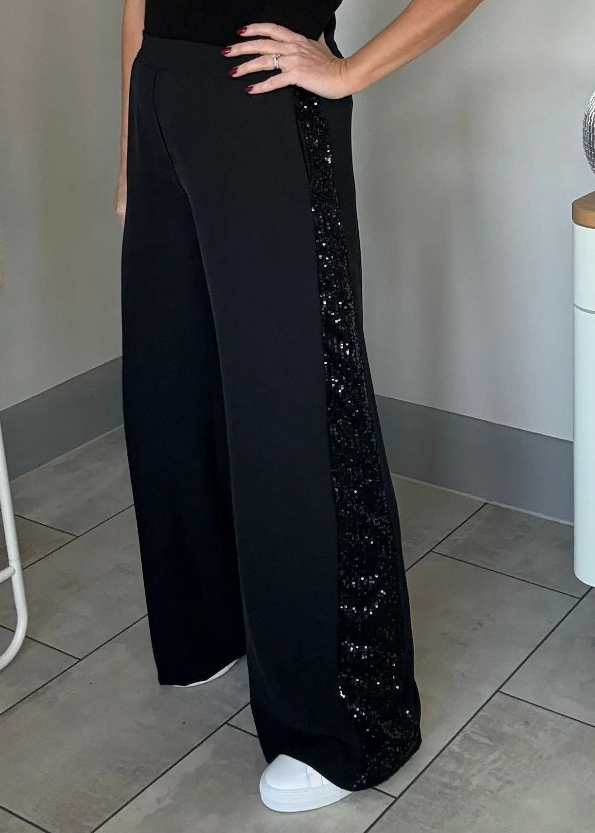 Black Velvet Sequin Stripe Wide Leg Trousers