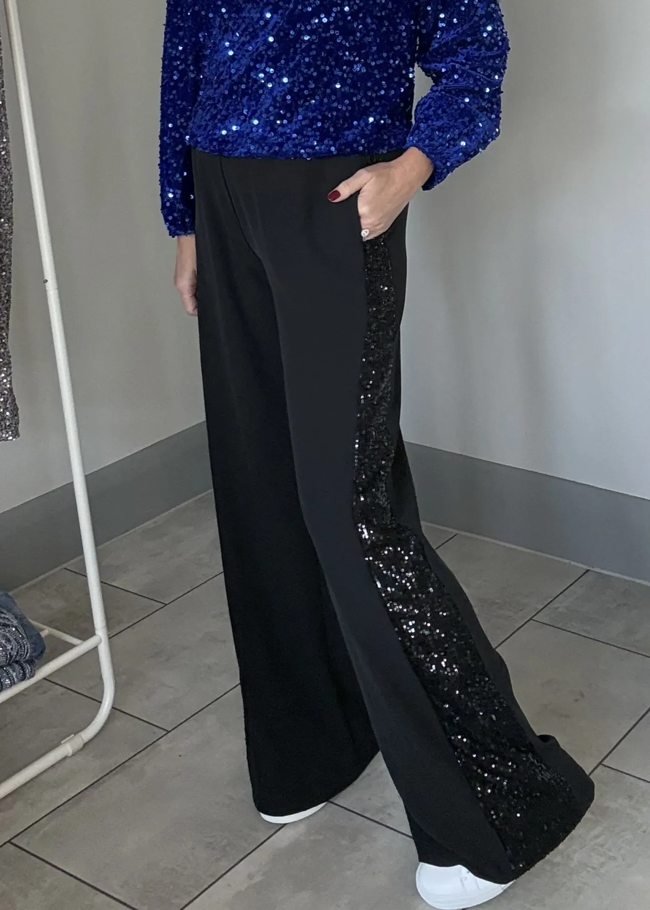 Black Velvet Sequin Stripe Wide Leg Trousers