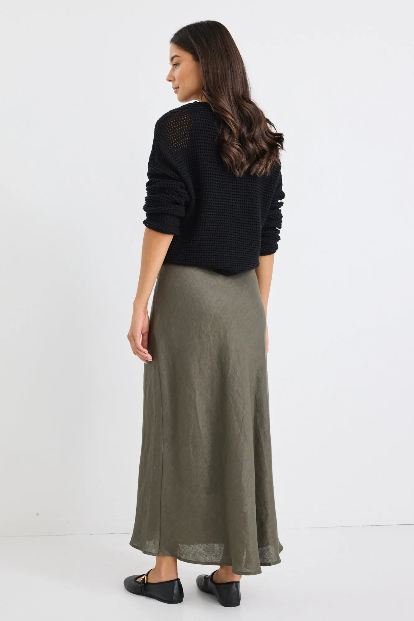 Bliss Khaki Linen Bias Midi Skirt