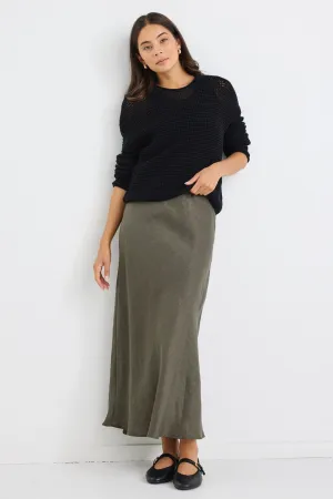 Bliss Khaki Linen Bias Midi Skirt