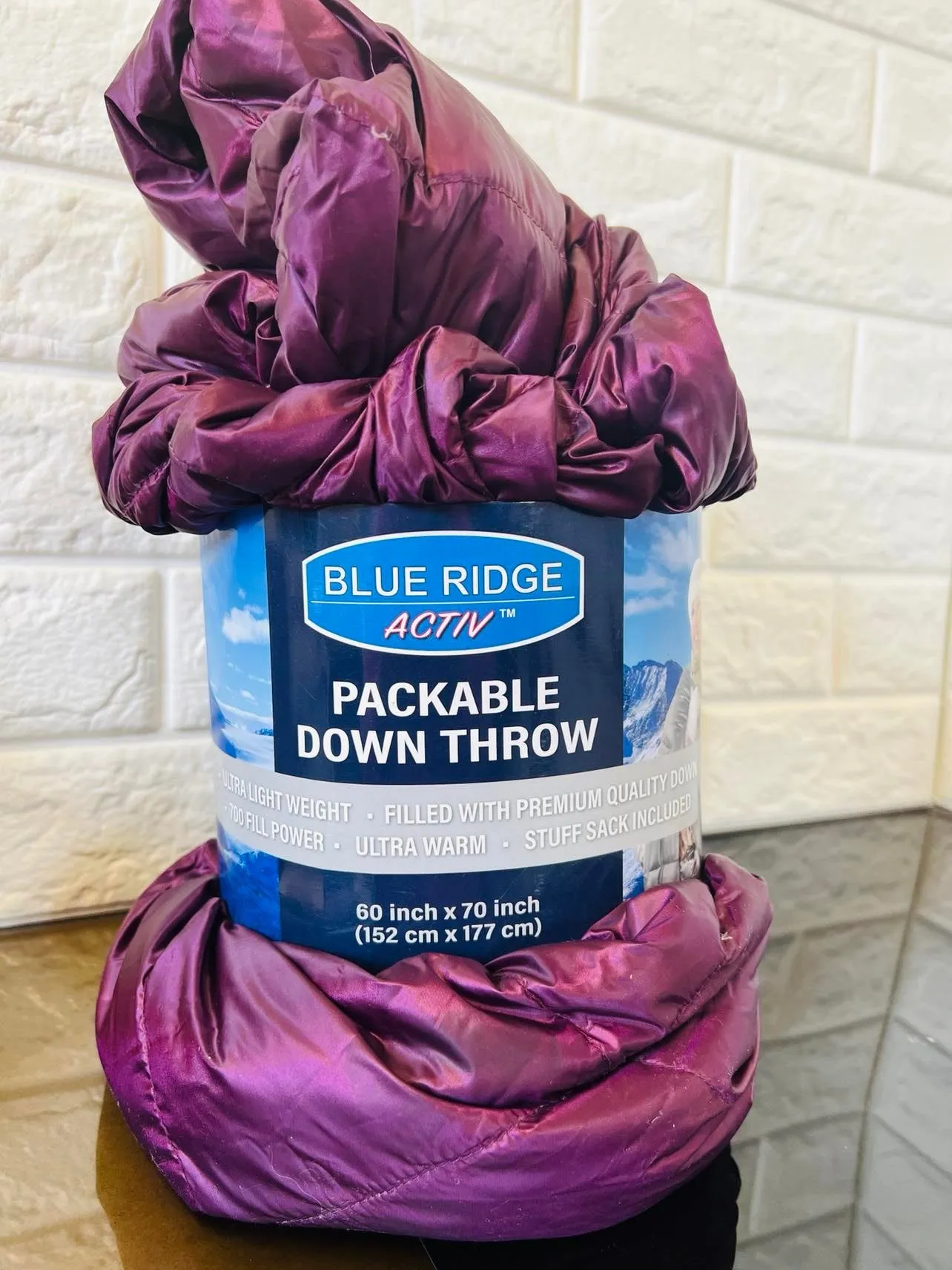 Blue Ridge Activ Packable Down Throw, 60" x 60" - Amethyst - Ultra Lightweight, Ultra Warm, Filled with Premium Quality Down, Stuff Sack Included