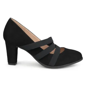 Brinley Co. Womens Levin Faux Suede Comfort Sole Chunky Heel Almond Toe Triple Elastic Strap Heels Black