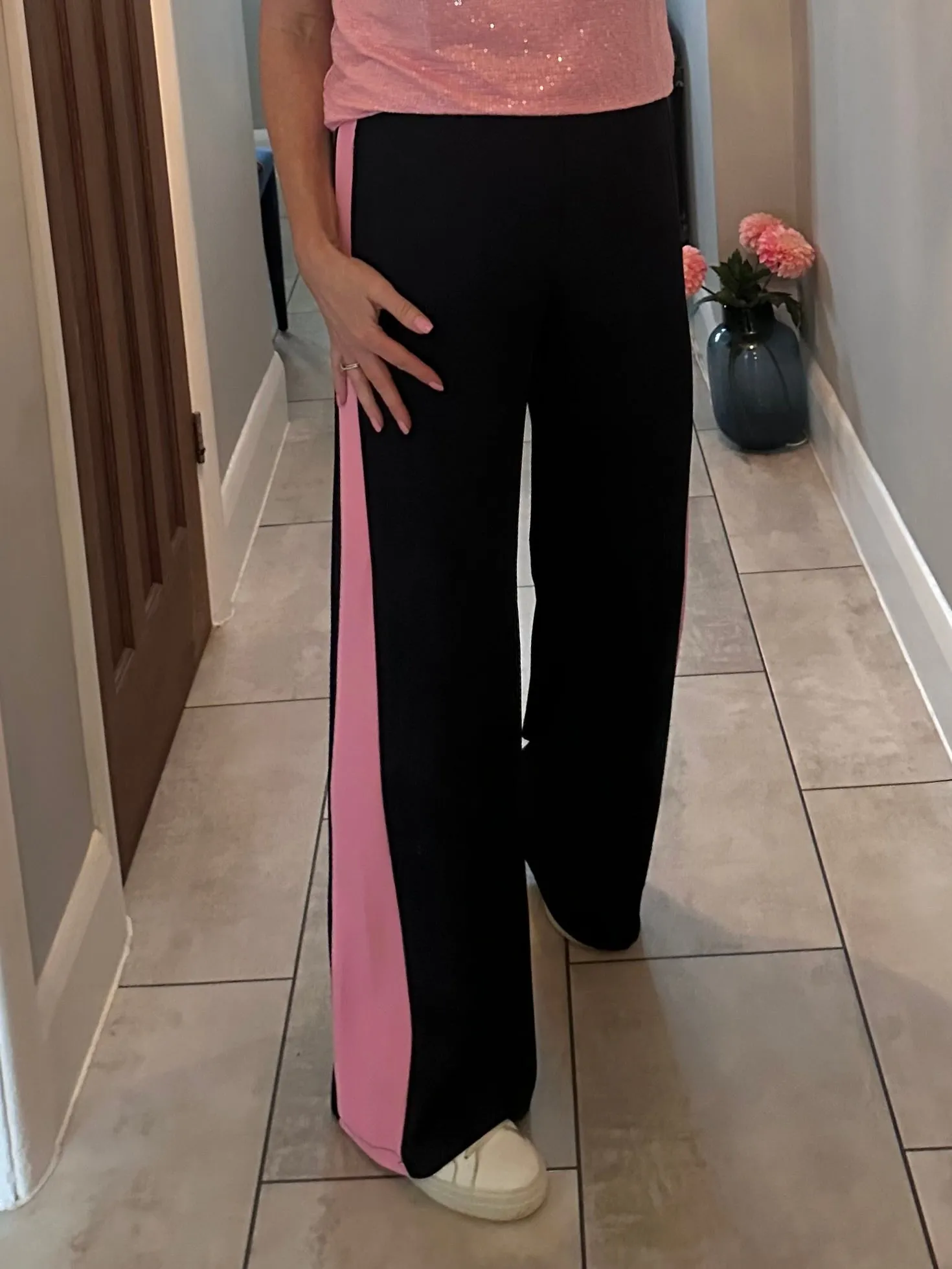 Burgundy/Grey Stripe Wide Leg Trousers