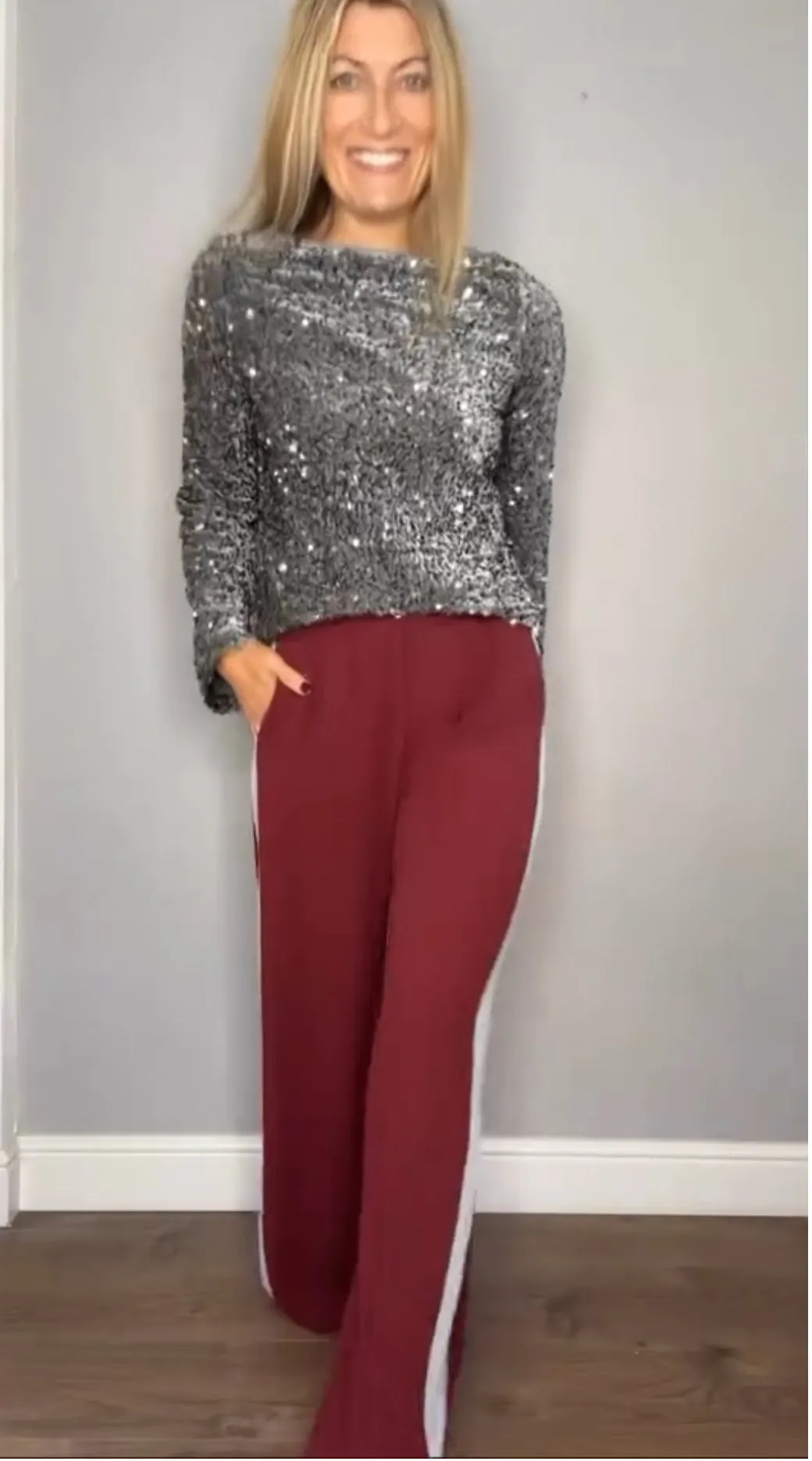 Burgundy/Grey Stripe Wide Leg Trousers