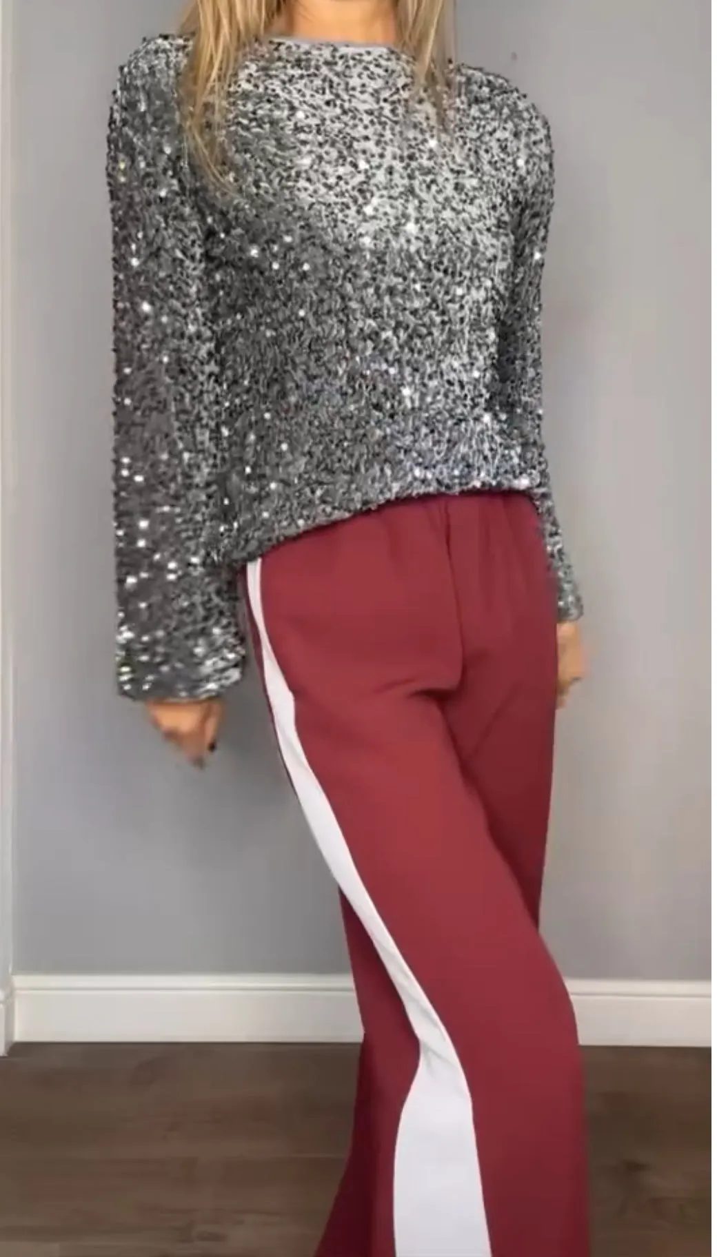 Burgundy/Grey Stripe Wide Leg Trousers