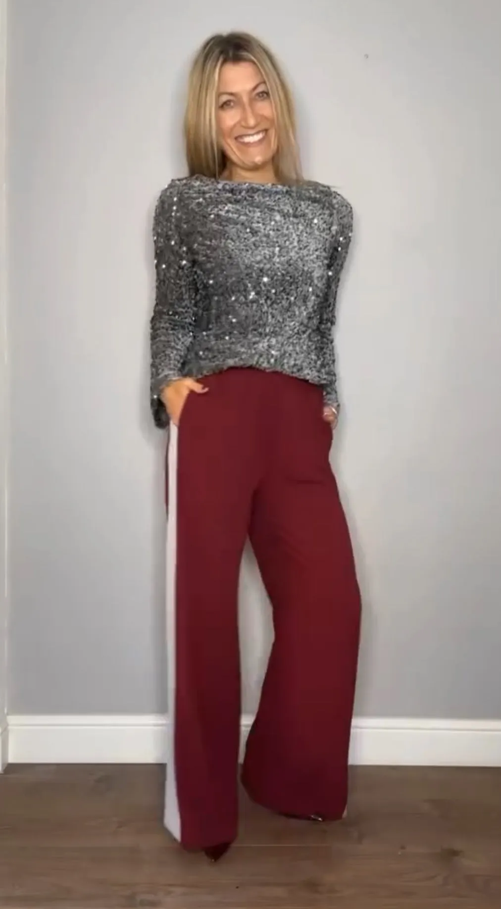 Burgundy/Grey Stripe Wide Leg Trousers