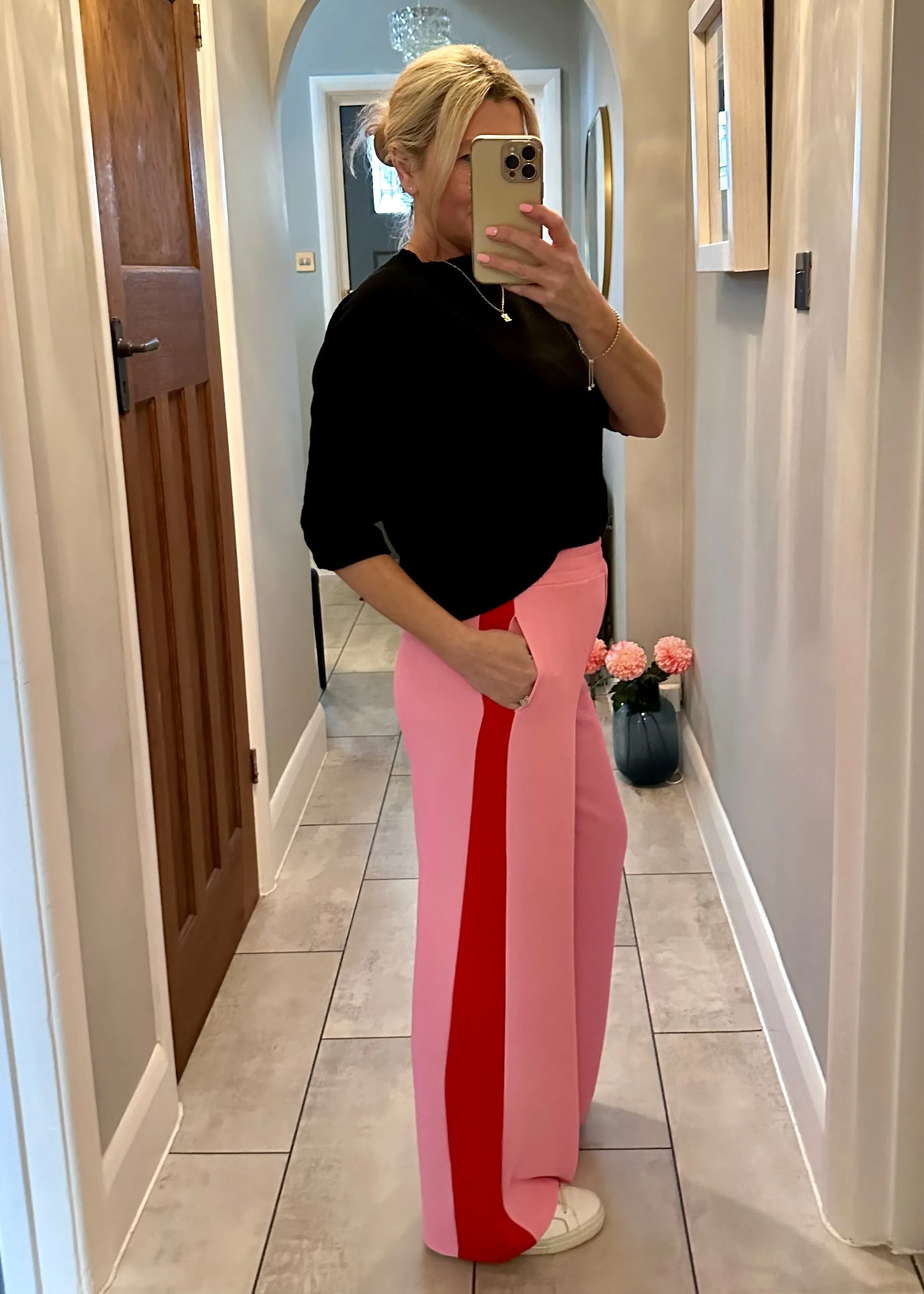 Burgundy/Grey Stripe Wide Leg Trousers