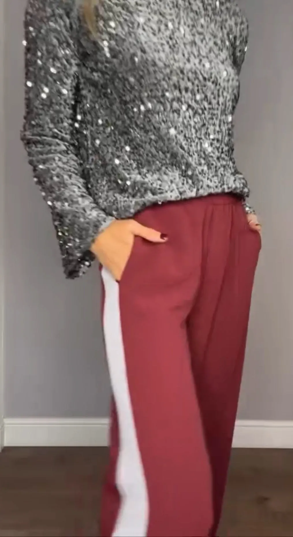 Burgundy/Grey Stripe Wide Leg Trousers