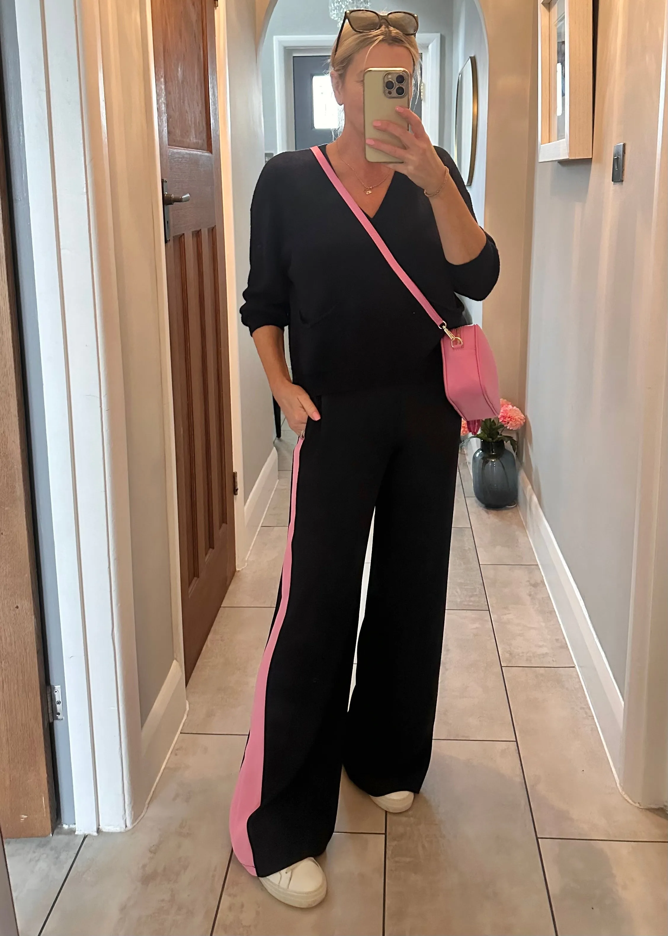 Burgundy/Grey Stripe Wide Leg Trousers