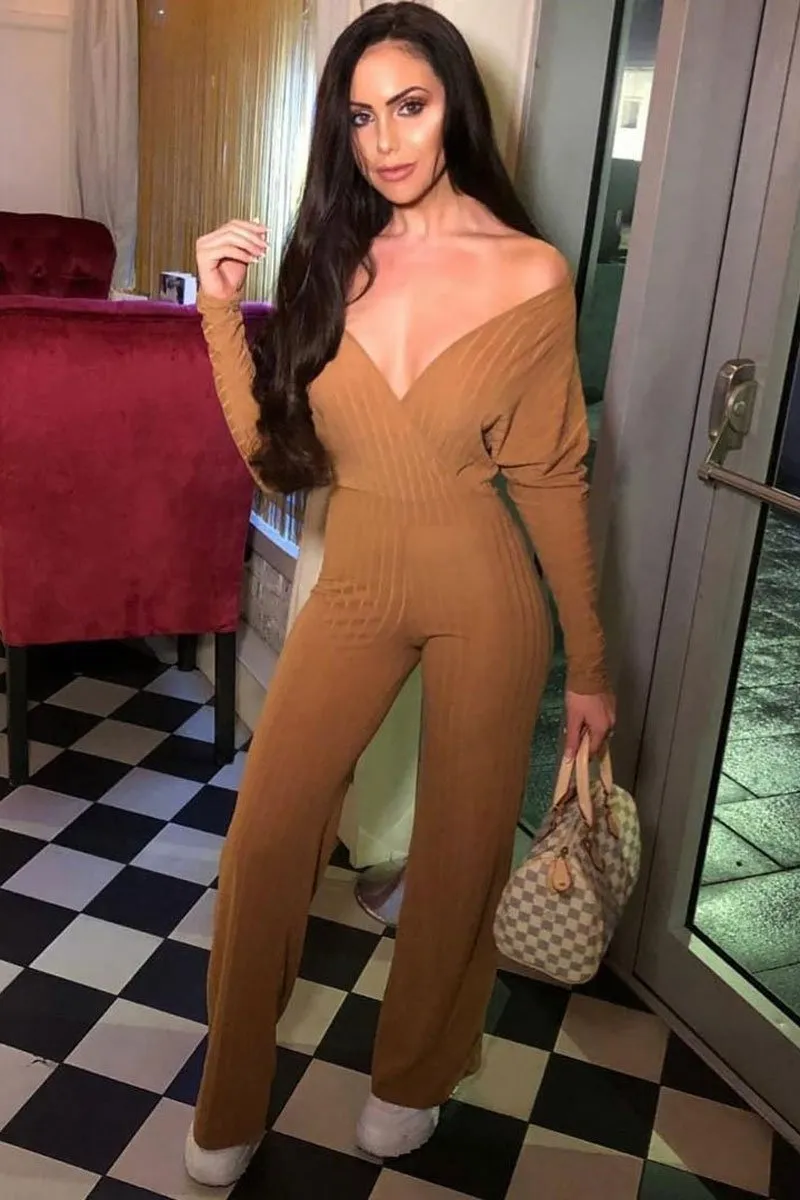 Camel Wide Leg Rib Plunge Jersey Jumpsuit - Tarlia