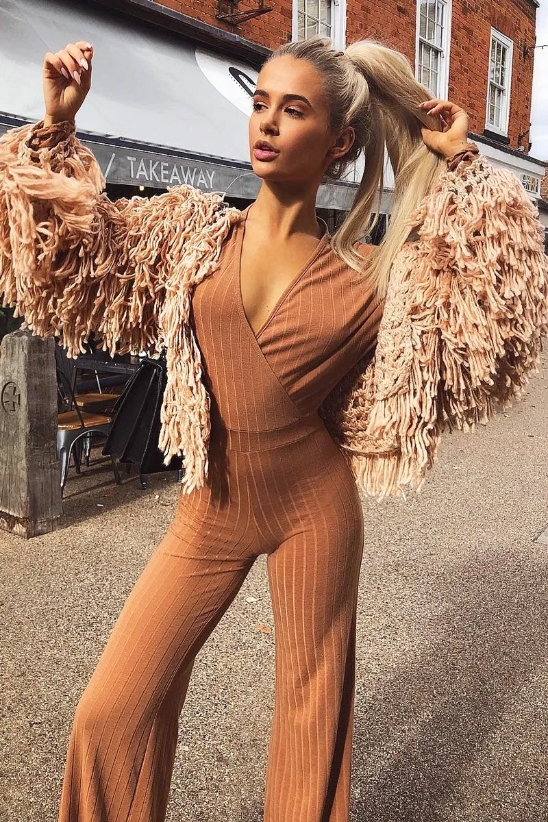 Camel Wide Leg Rib Plunge Jersey Jumpsuit - Tarlia