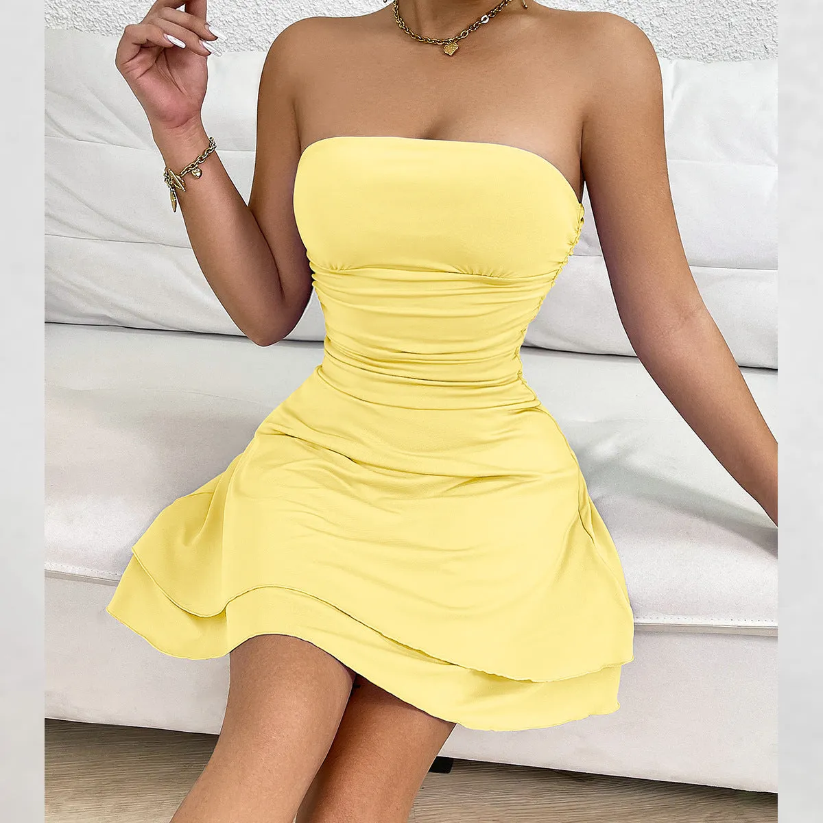 Chic Strapless Ruched Mini Dress with Layered Flowy Hem