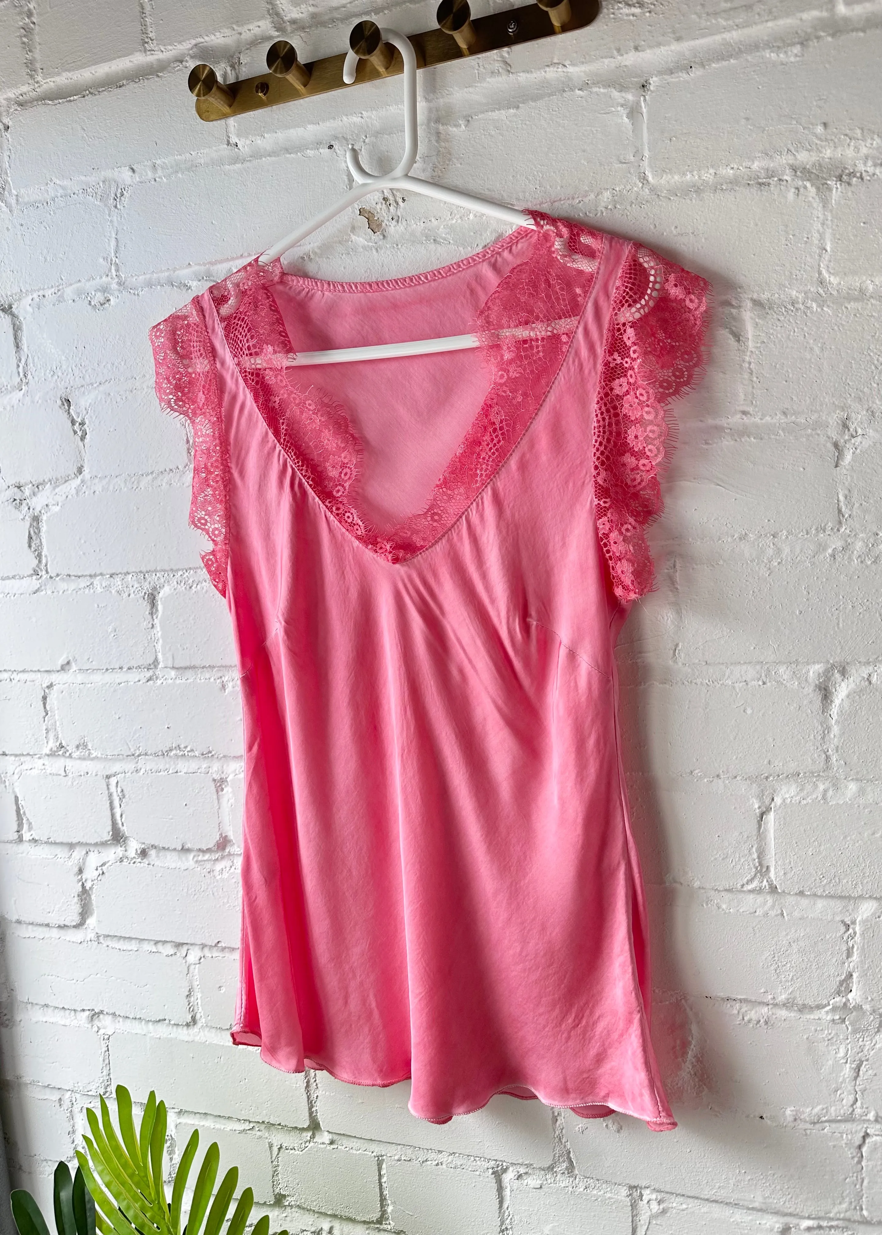 Coral Satin/Lace V Neck Top