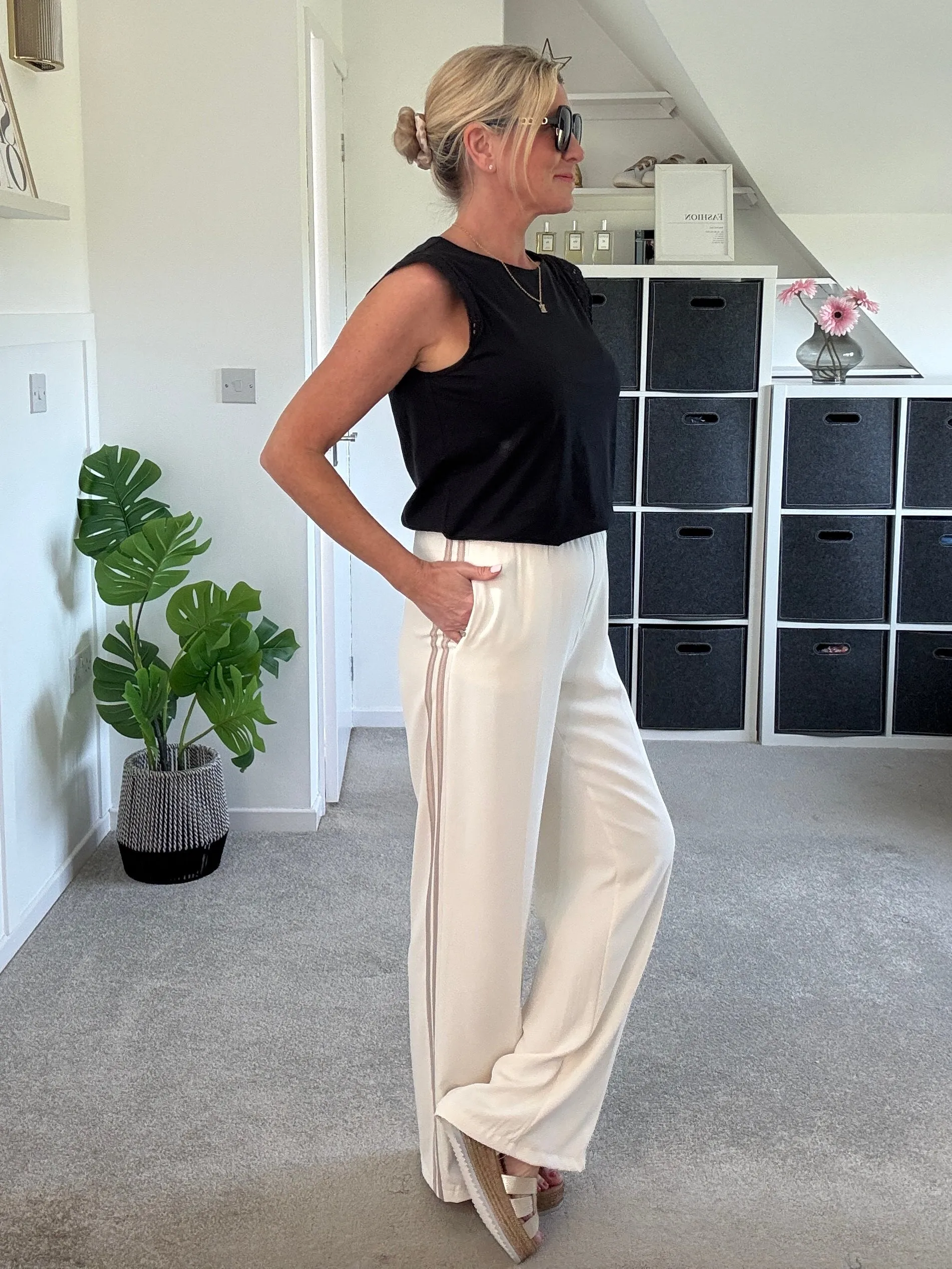 Cream/Mocha Stripe Wide Leg Trousers