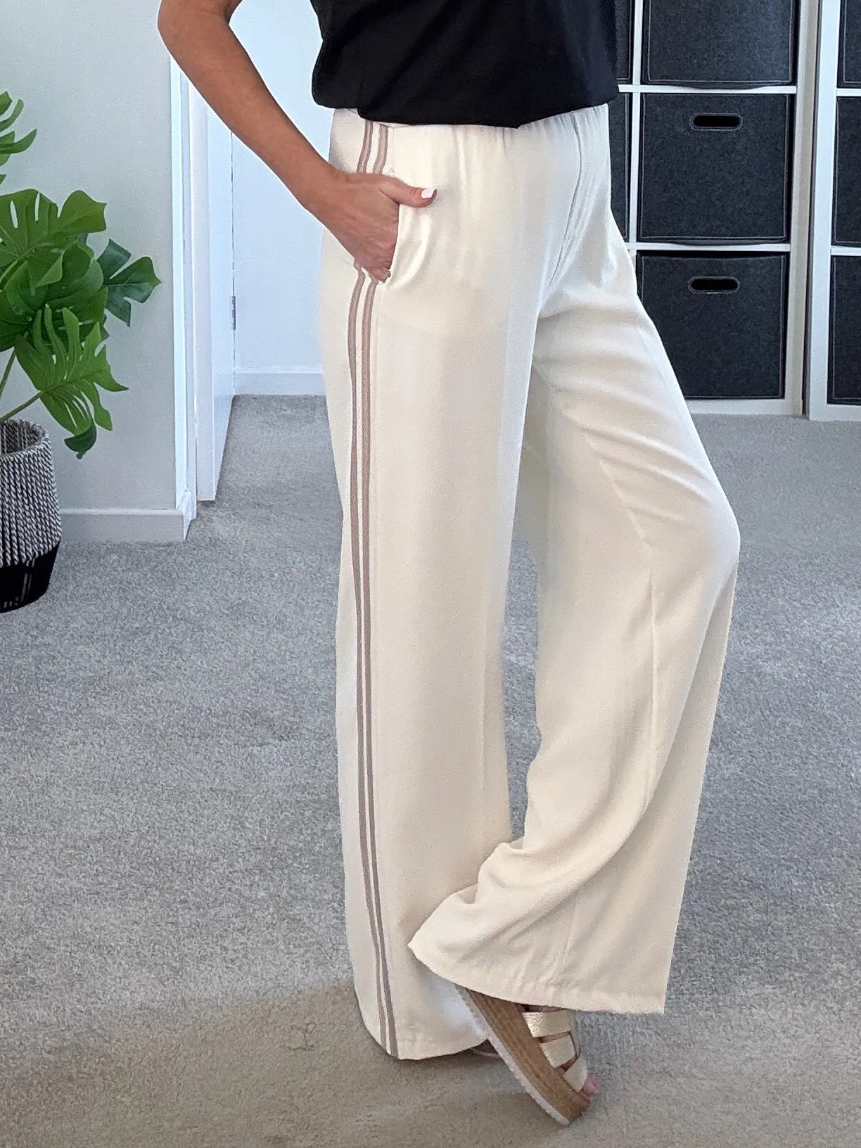 Cream/Mocha Stripe Wide Leg Trousers