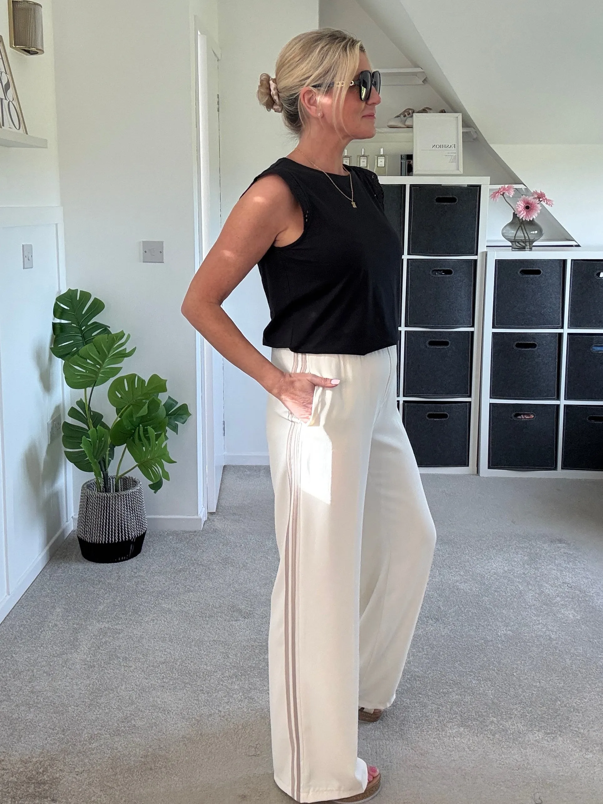 Cream/Mocha Stripe Wide Leg Trousers
