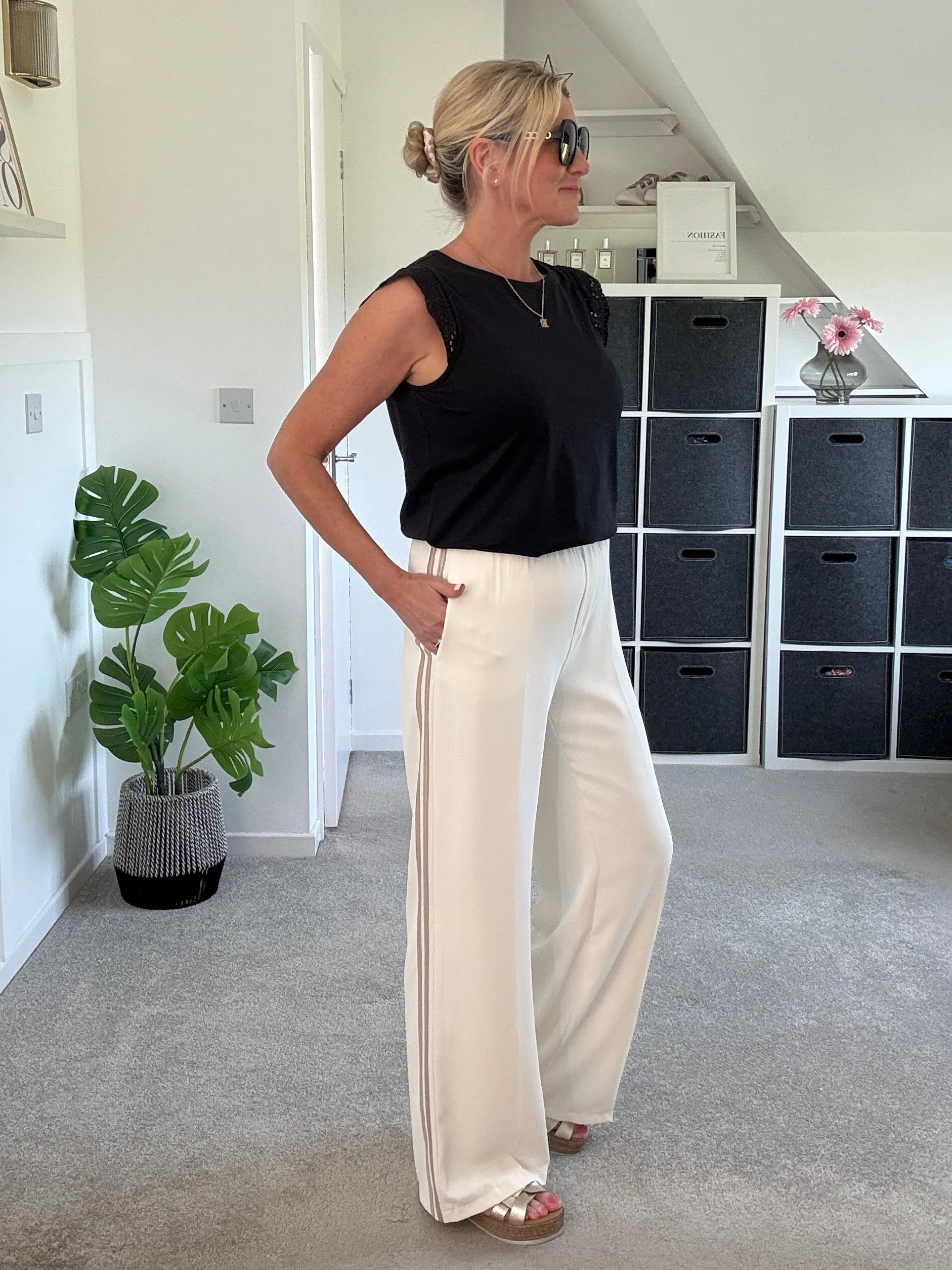 Cream/Mocha Stripe Wide Leg Trousers