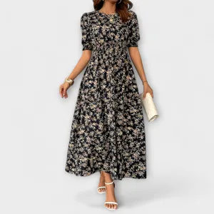 Dress with Round Neck and Floral Pattern