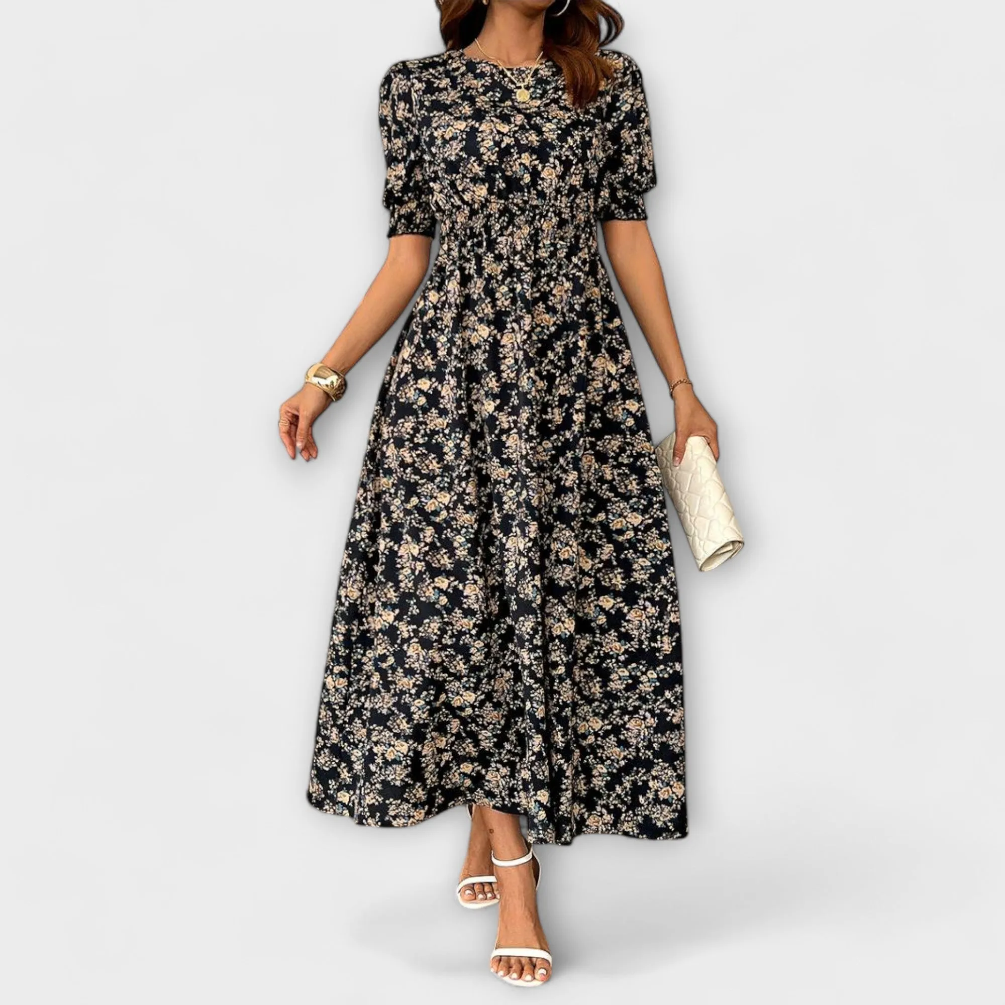 Dress with Round Neck and Floral Pattern
