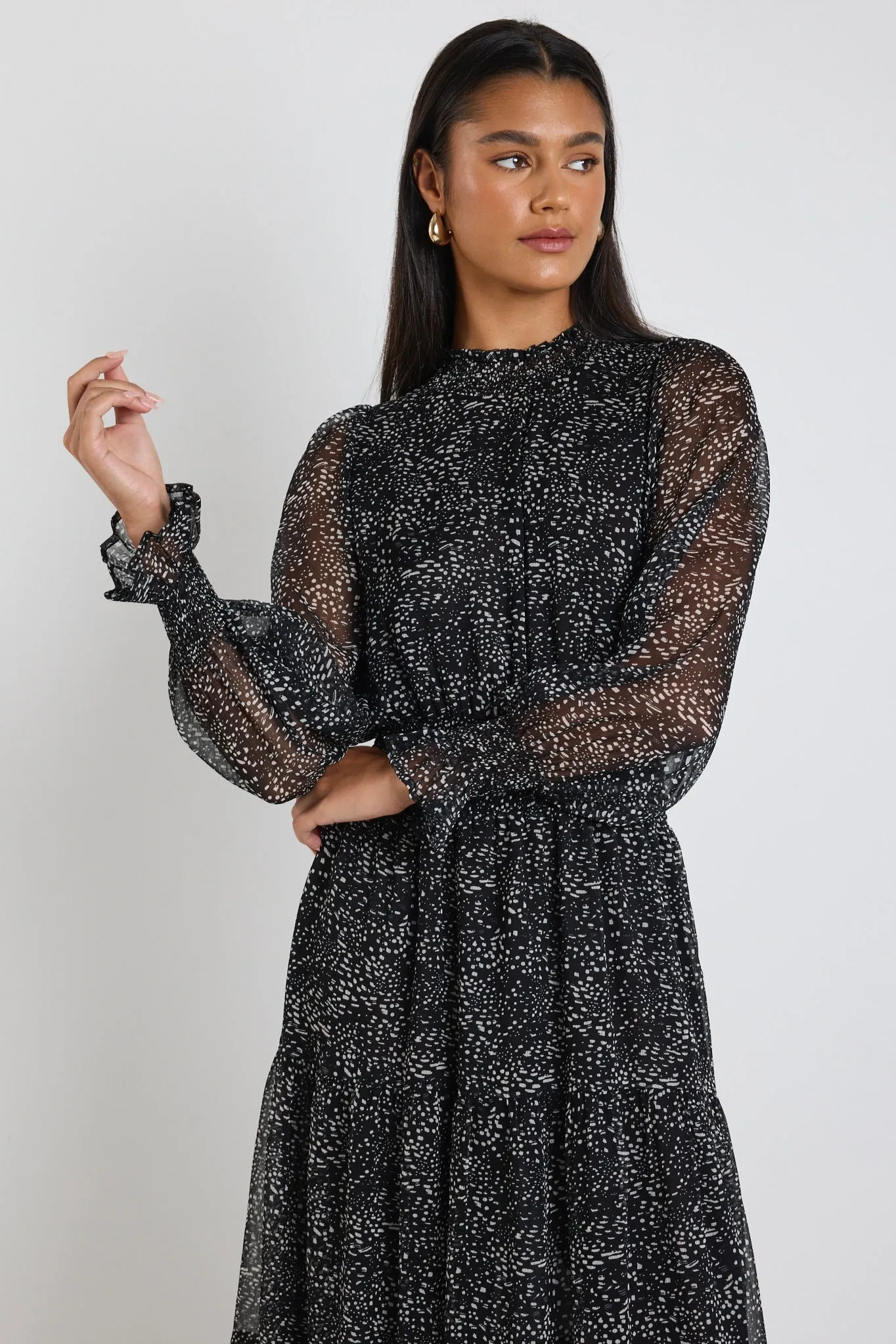 Ebony Black Grey Spot LS Shirred Neck Midi Dress