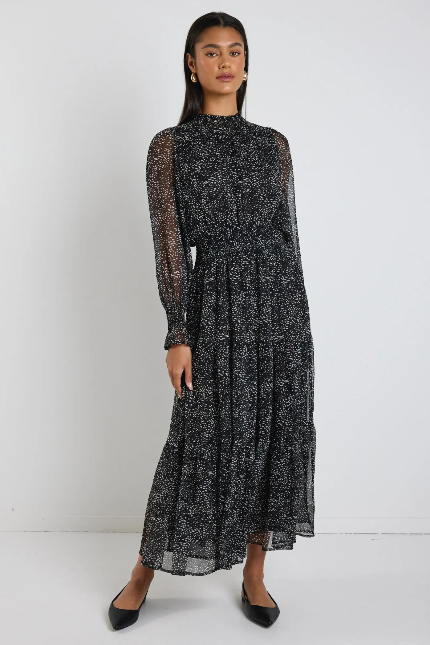 Ebony Black Grey Spot LS Shirred Neck Midi Dress