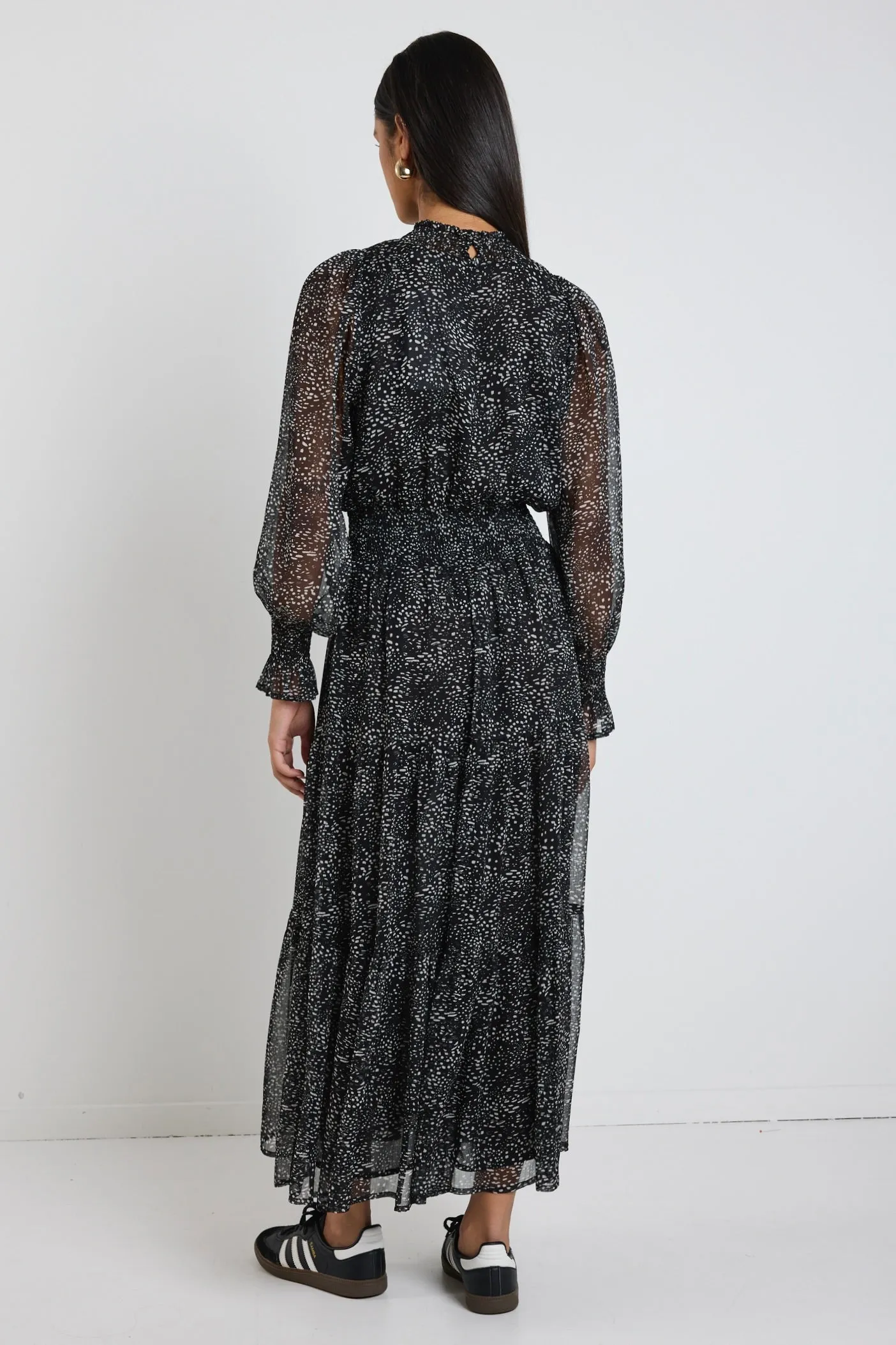 Ebony Black Grey Spot LS Shirred Neck Midi Dress