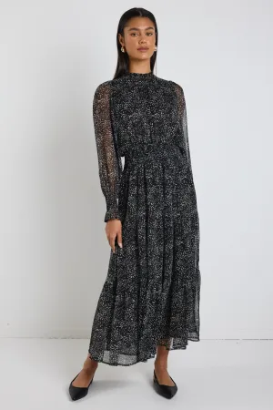 Ebony Black Grey Spot LS Shirred Neck Midi Dress