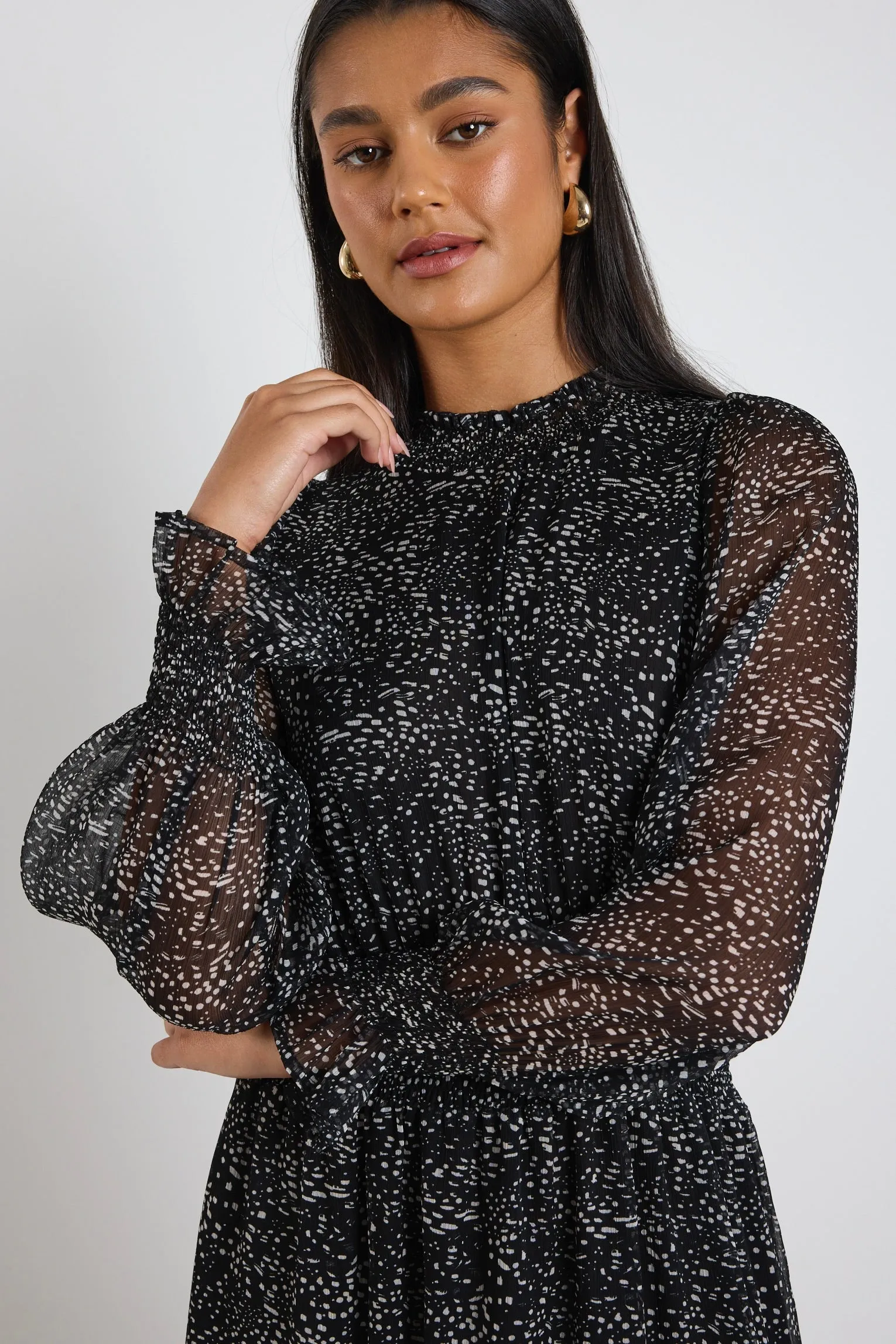 Ebony Black Grey Spot LS Shirred Neck Midi Dress